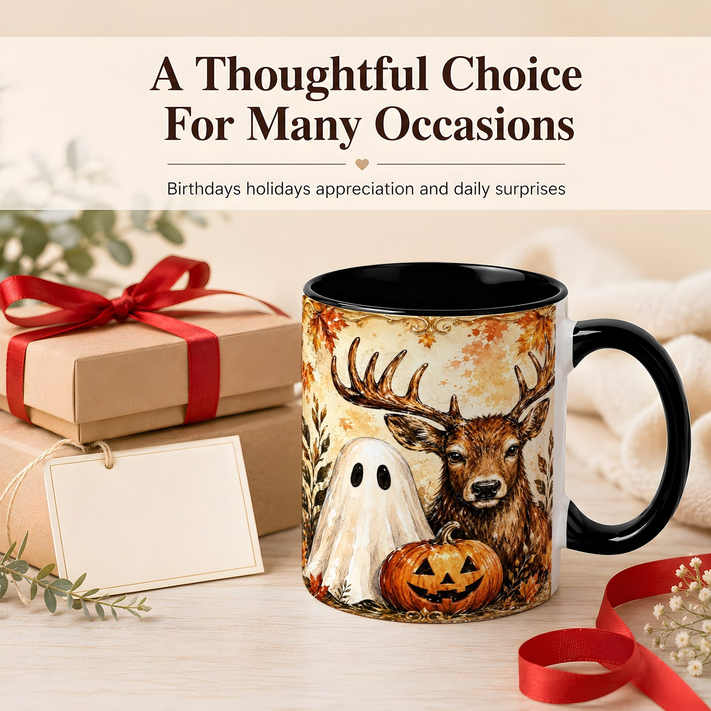#pl[11oz|Black] Autumn Deer Coffee Mug, Ghost Pumpkin Mug, Ceramic Cup