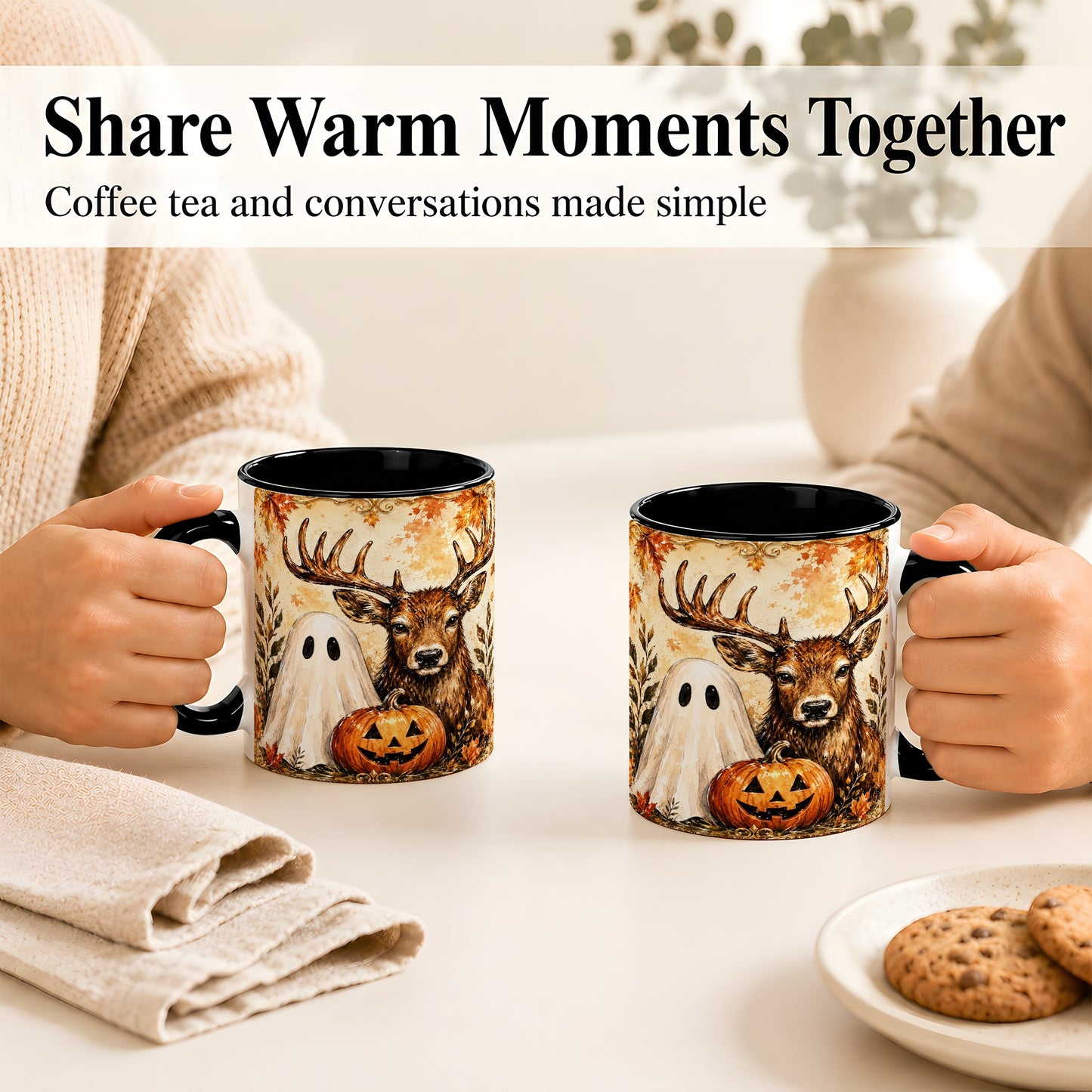 #pl[11oz|Black] Autumn Deer Coffee Mug, Ghost Pumpkin Mug, Ceramic Cup