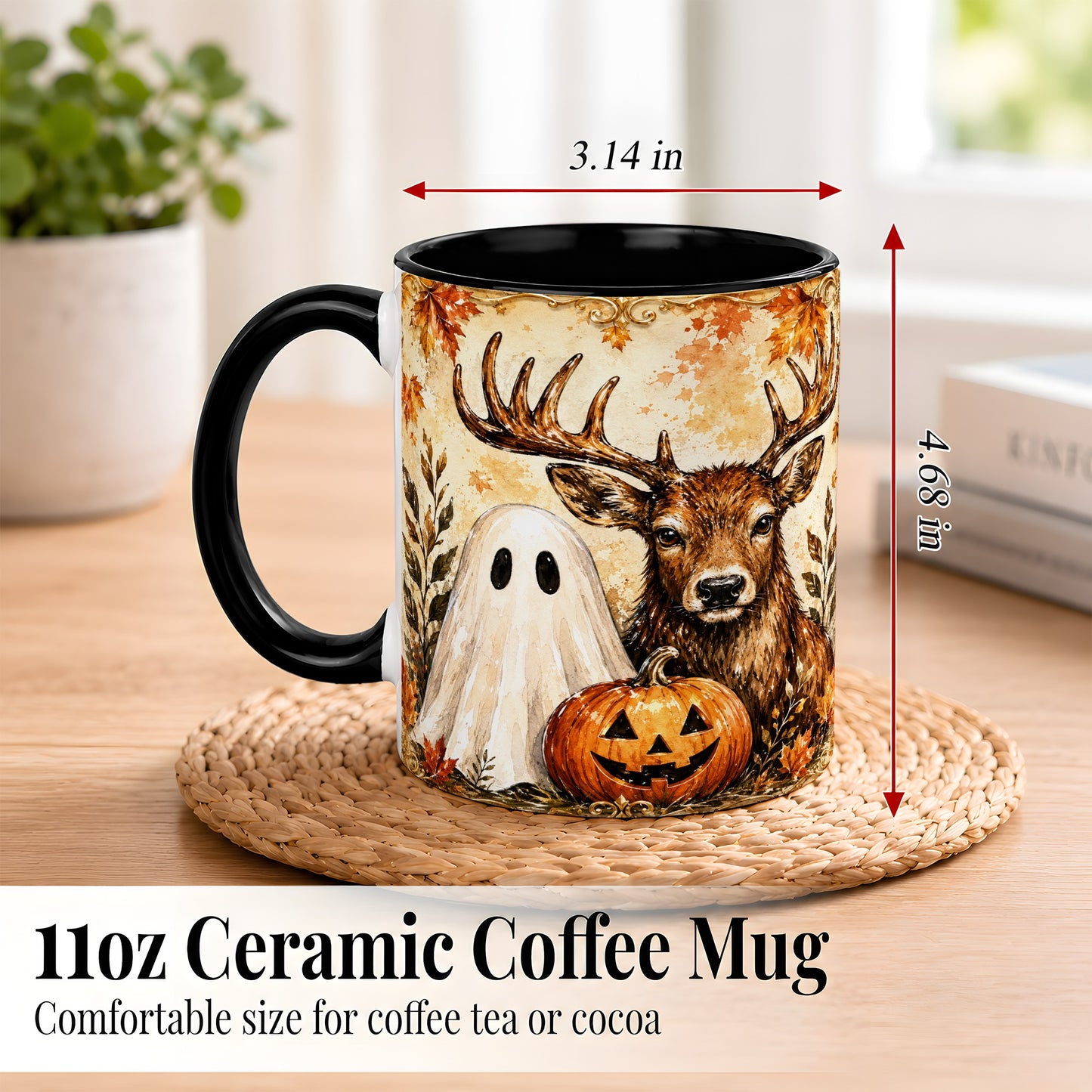#pl[11oz|Black] Autumn Deer Coffee Mug, Ghost Pumpkin Mug, Ceramic Cup