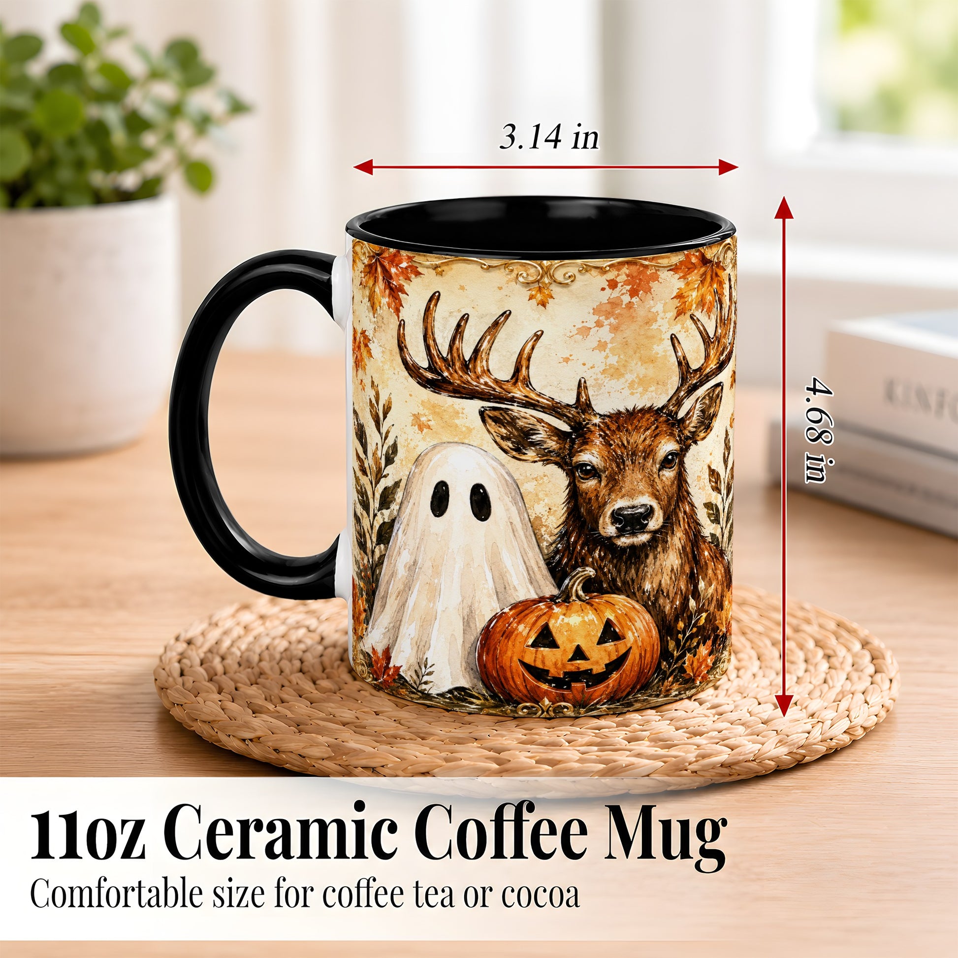 #pl[11oz|Black] Autumn Deer Coffee Mug, Ghost Pumpkin Mug, Ceramic Cup