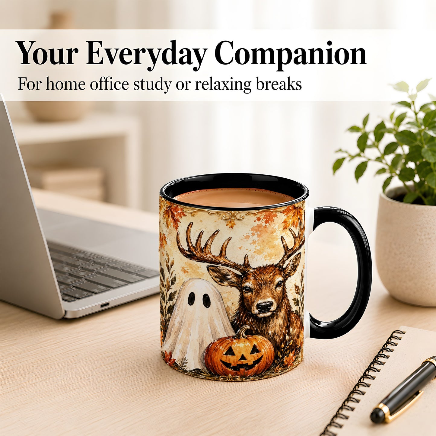 #pl[11oz|Black] Autumn Deer Coffee Mug, Ghost Pumpkin Mug, Ceramic Cup