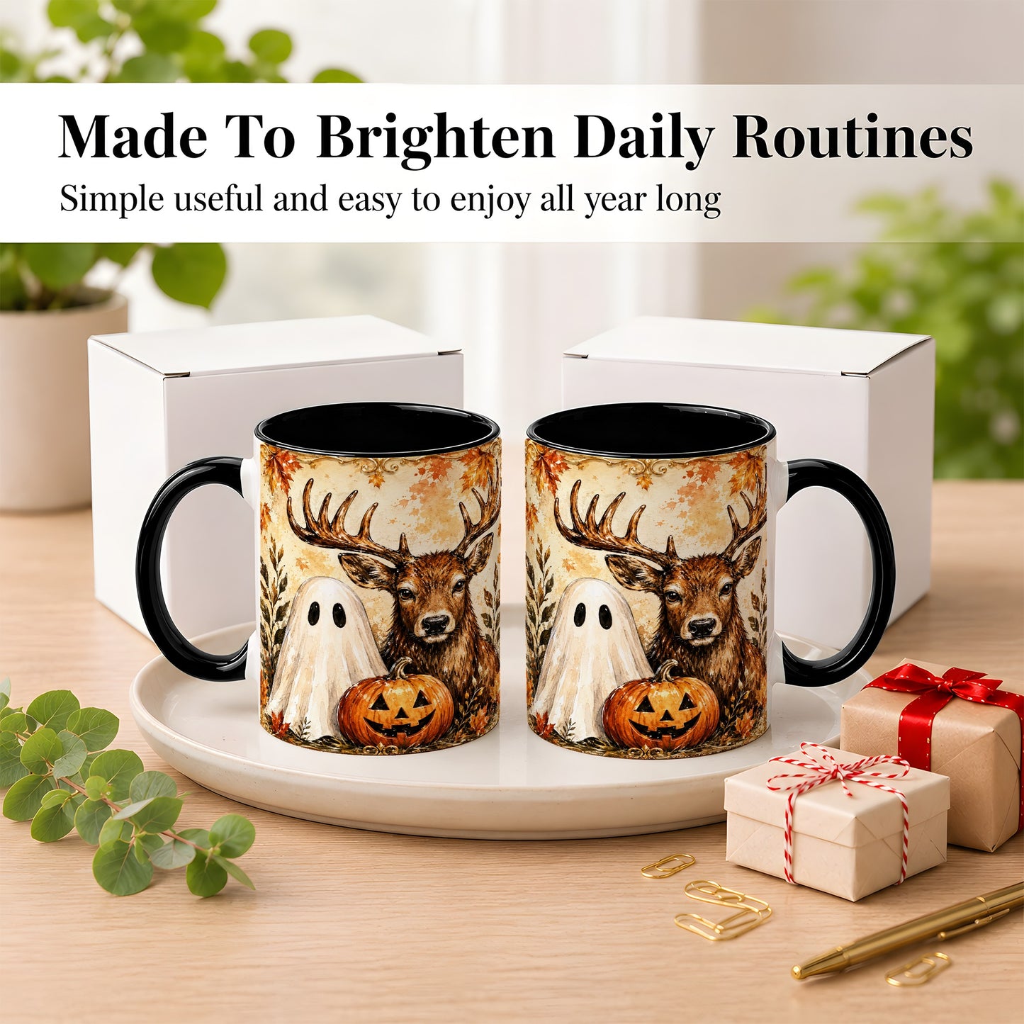 #pl[11oz|Black] Autumn Deer Coffee Mug, Ghost Pumpkin Mug, Ceramic Cup