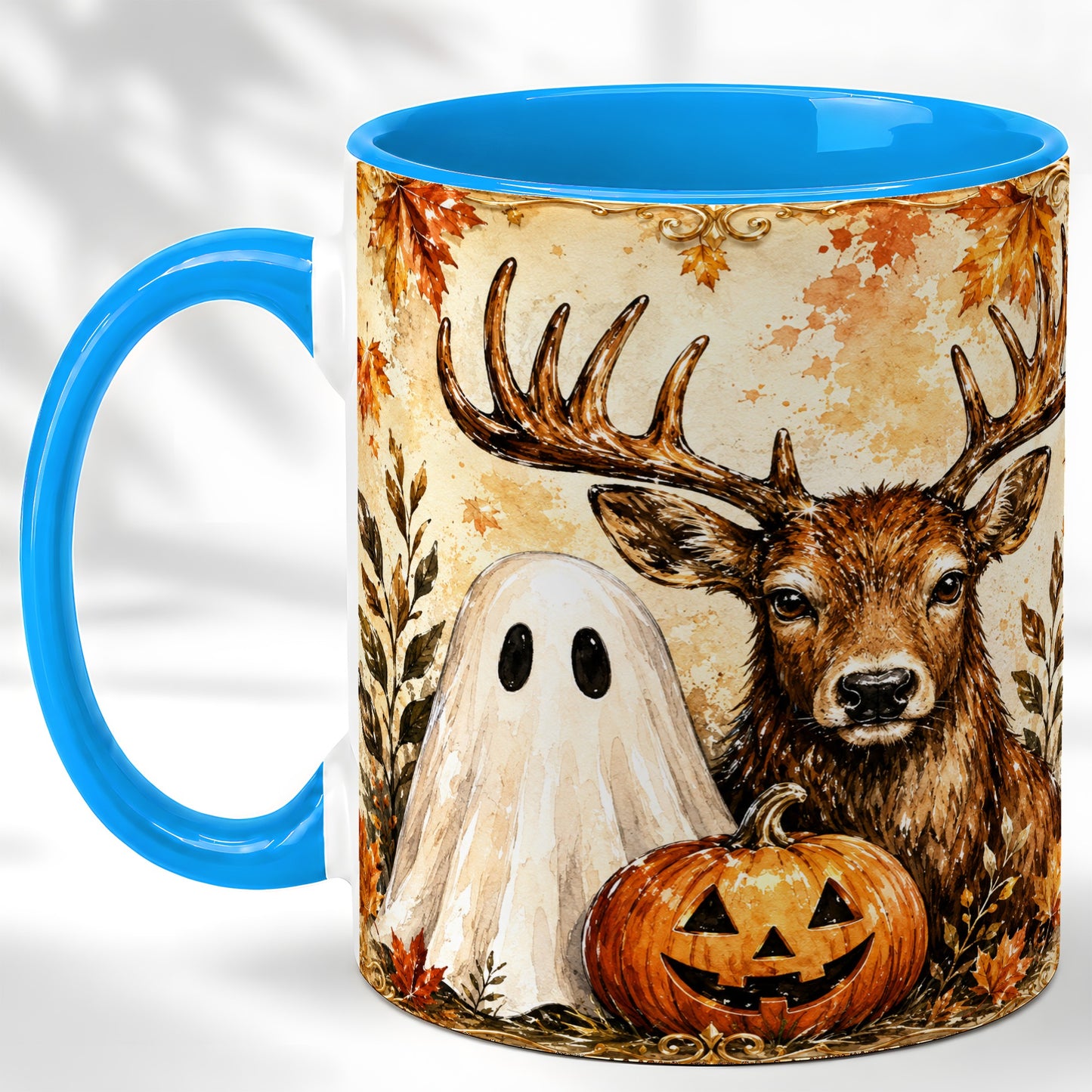 #pl[11oz|Blue] Autumn Deer Coffee Mug, Ghost Pumpkin Mug, Ceramic Cup