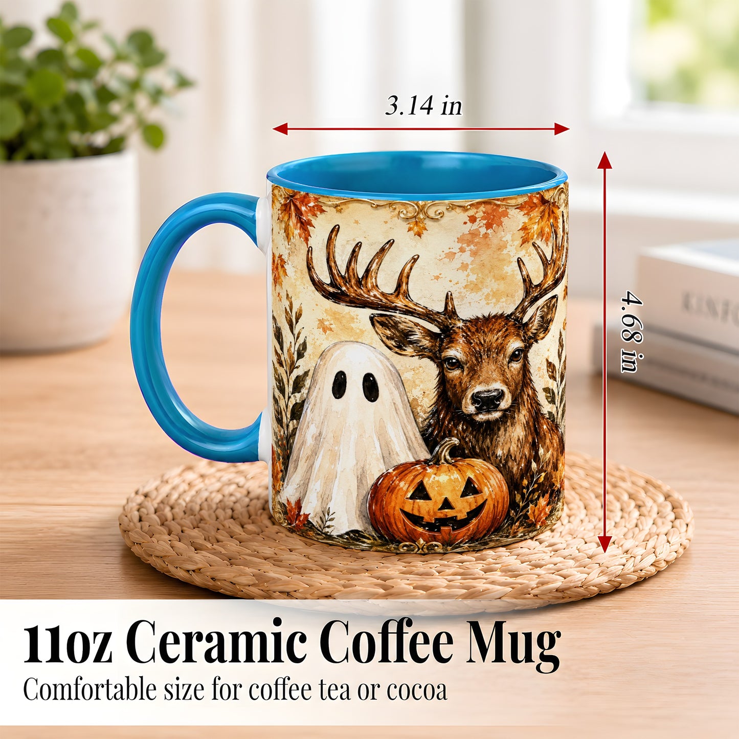 #pl[11oz|Blue] Autumn Deer Coffee Mug, Ghost Pumpkin Mug, Ceramic Cup