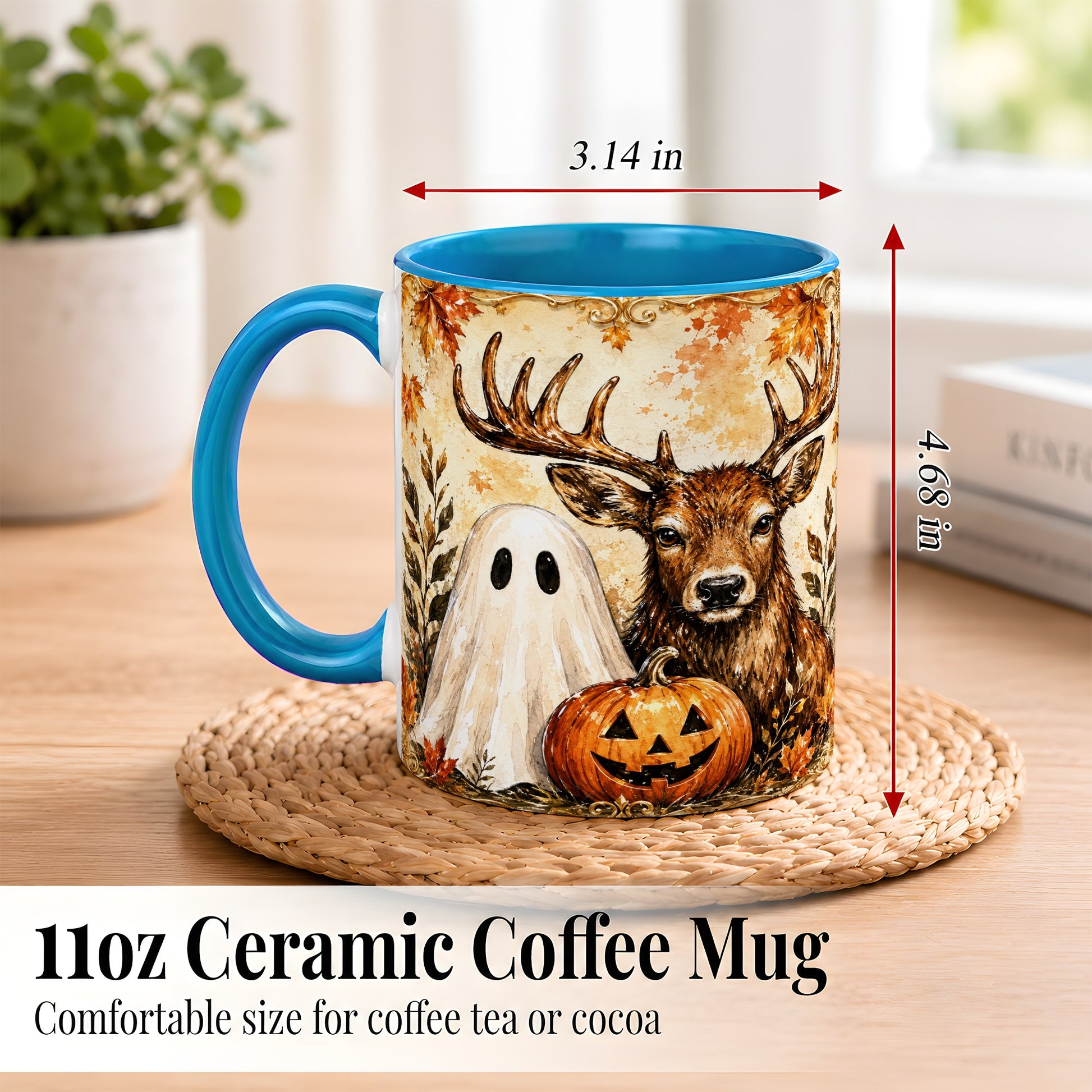 #pl[11oz|Blue] Autumn Deer Coffee Mug, Ghost Pumpkin Mug, Ceramic Cup