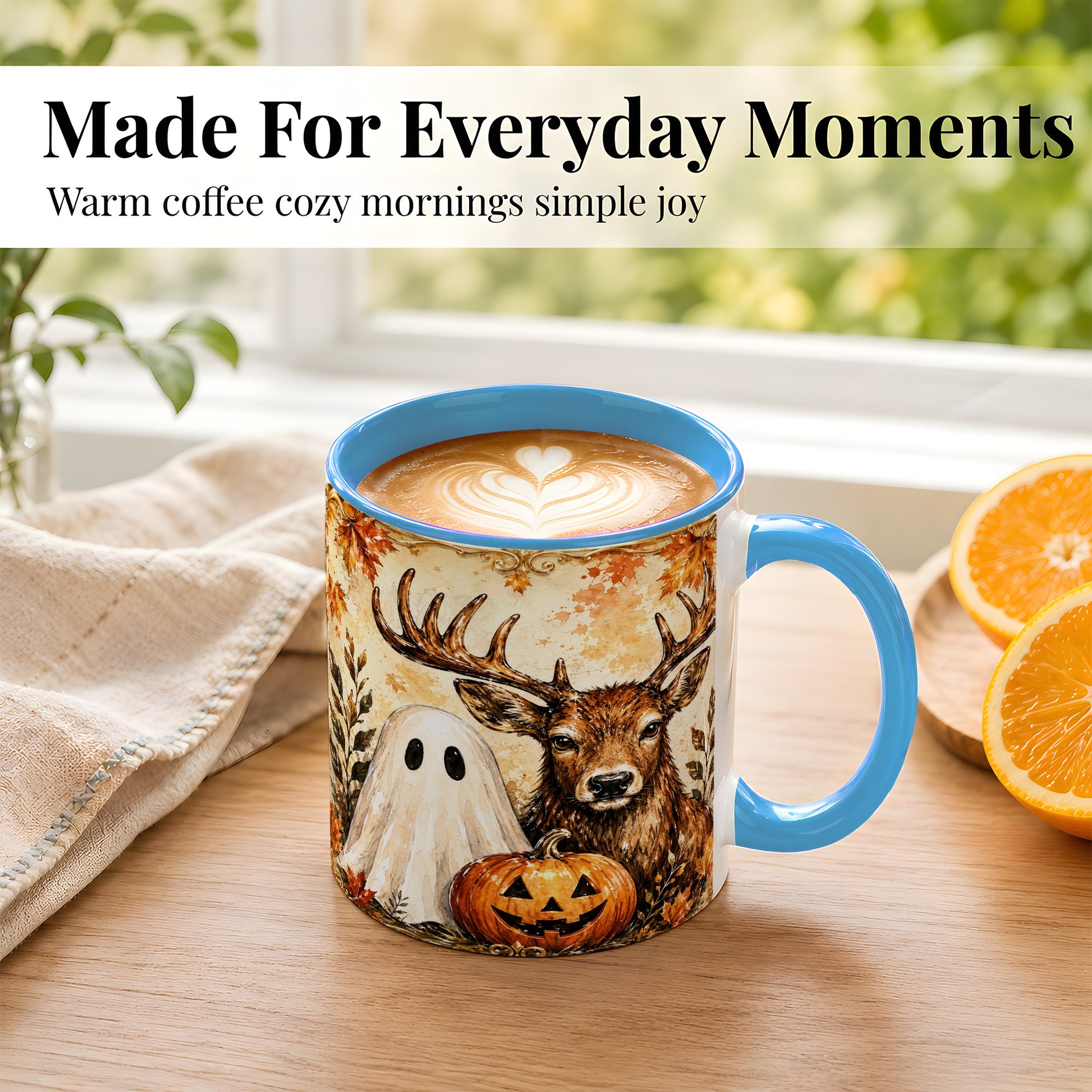 #pl[11oz|Blue] Autumn Deer Coffee Mug, Ghost Pumpkin Mug, Ceramic Cup