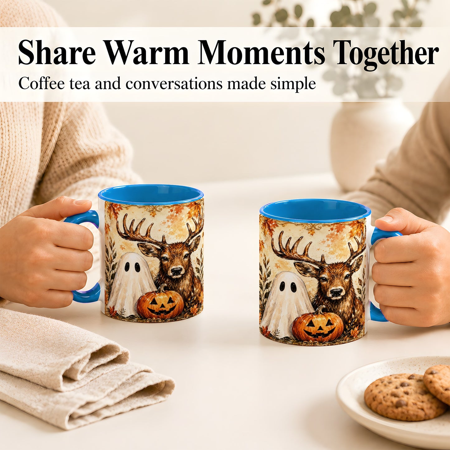 #pl[11oz|Blue] Autumn Deer Coffee Mug, Ghost Pumpkin Mug, Ceramic Cup