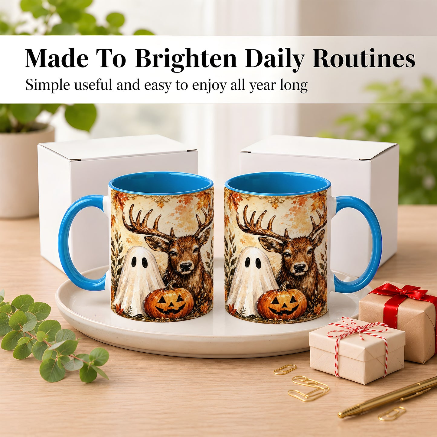 #pl[11oz|Blue] Autumn Deer Coffee Mug, Ghost Pumpkin Mug, Ceramic Cup