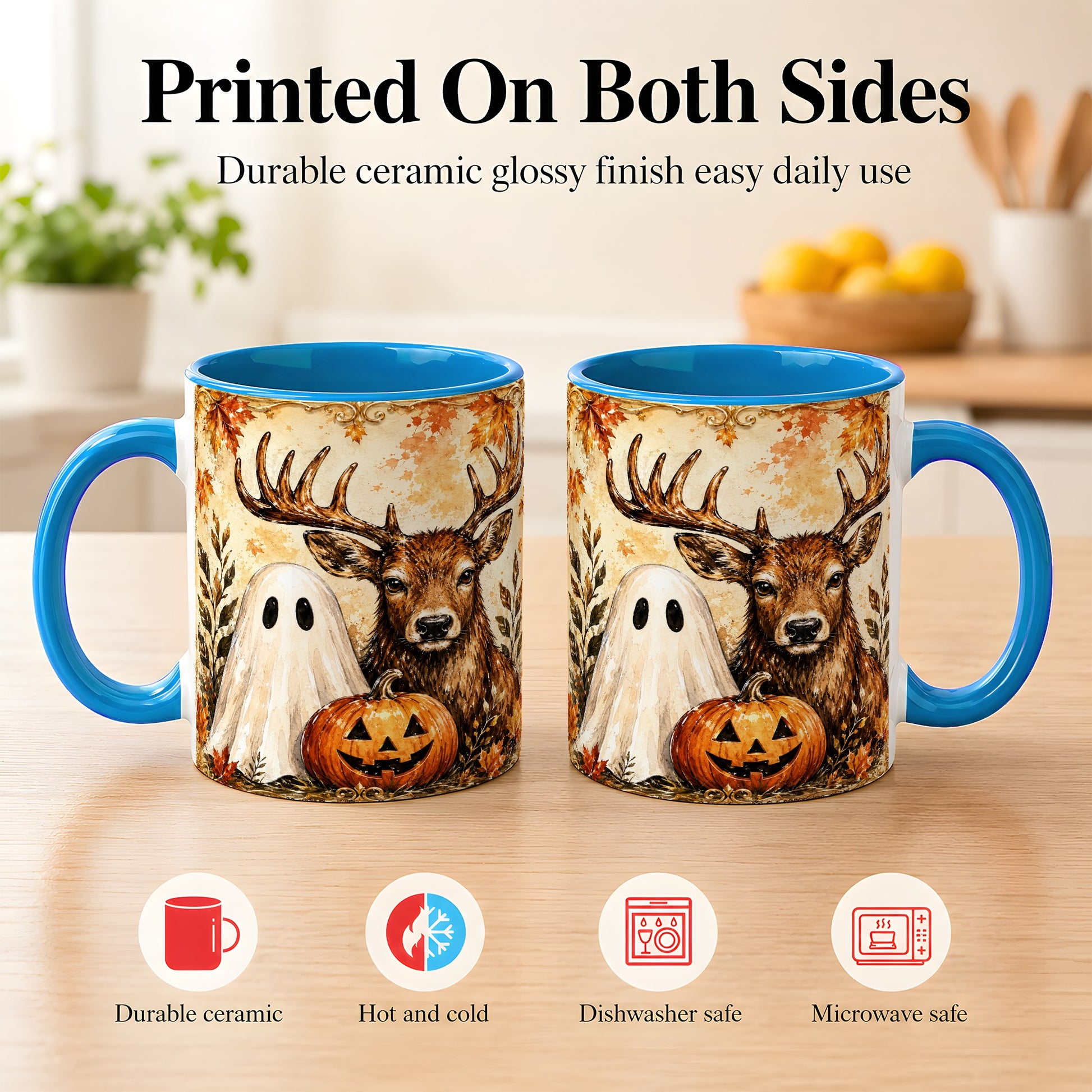 #pl[11oz|Blue] Autumn Deer Coffee Mug, Ghost Pumpkin Mug, Ceramic Cup
