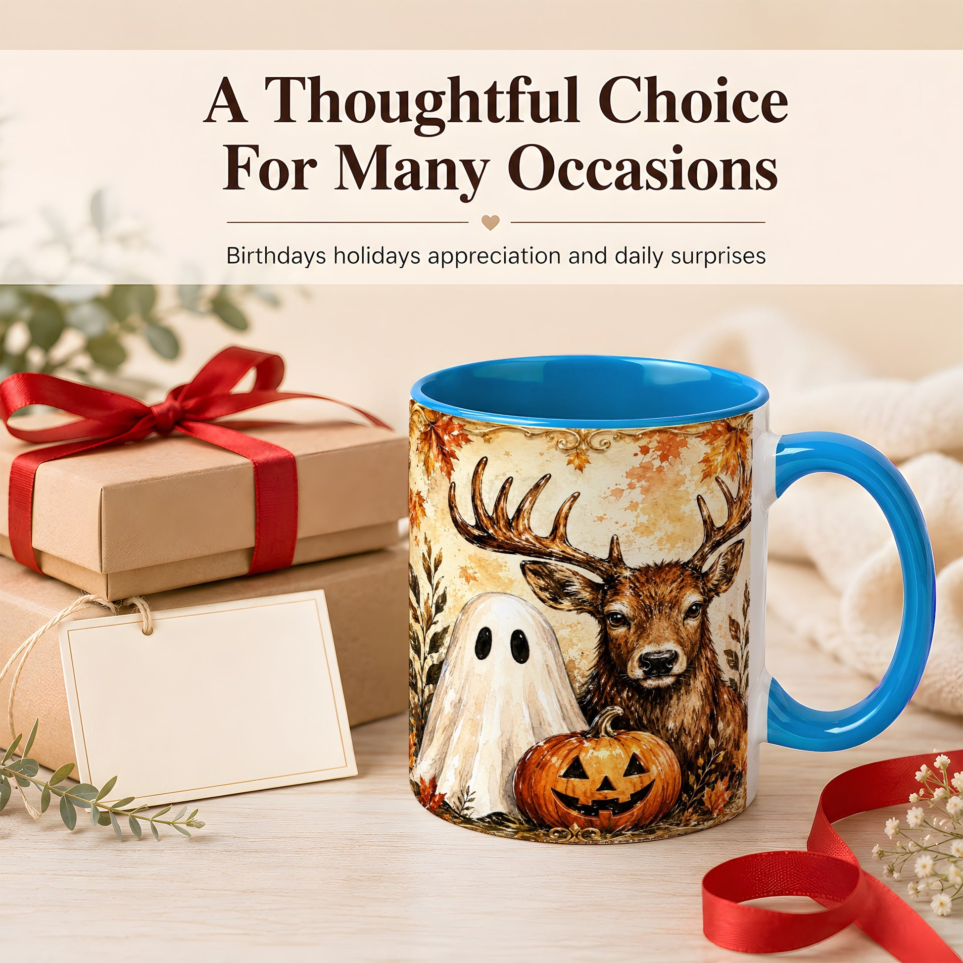 #pl[11oz|Blue] Autumn Deer Coffee Mug, Ghost Pumpkin Mug, Ceramic Cup