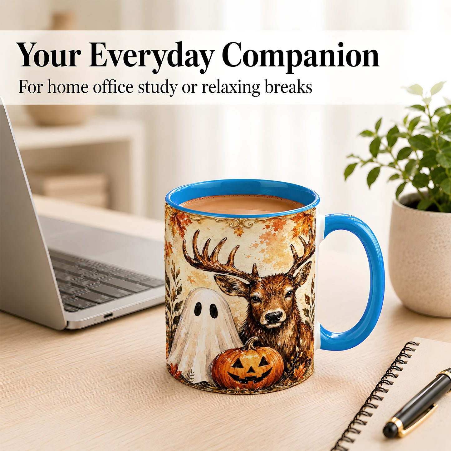 #pl[11oz|Blue] Autumn Deer Coffee Mug, Ghost Pumpkin Mug, Ceramic Cup