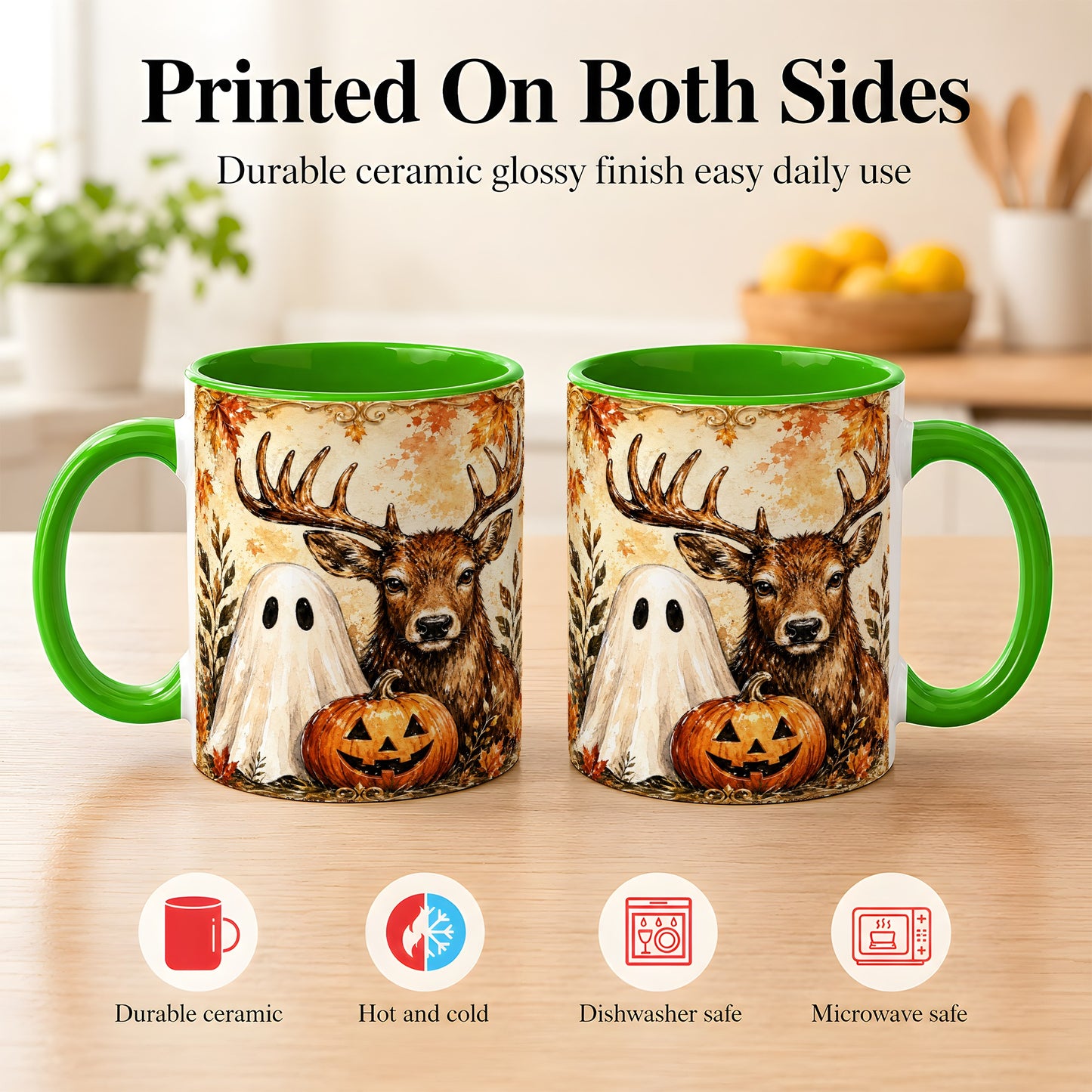 #pl[11oz|Green] Autumn Deer Coffee Mug, Ghost Pumpkin Mug, Ceramic Cup