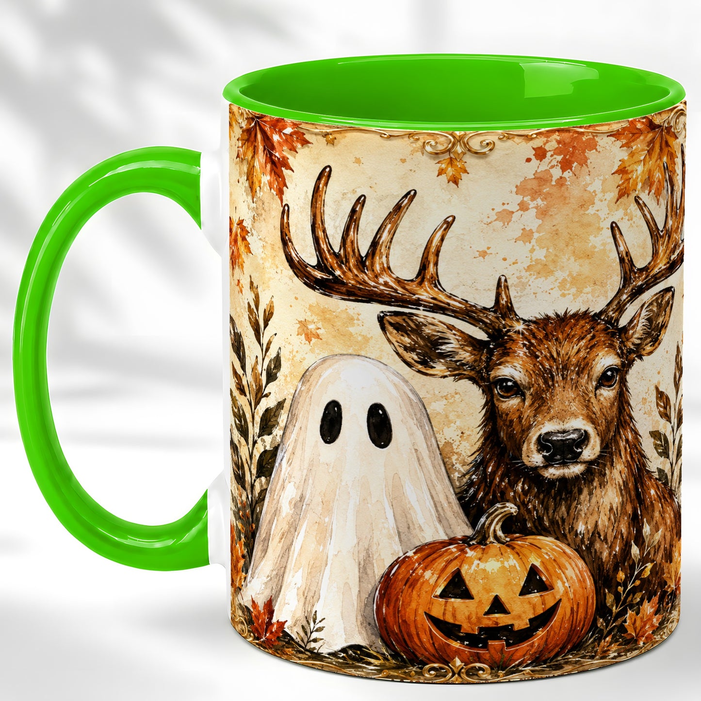 #pl[11oz|Green] Autumn Deer Coffee Mug, Ghost Pumpkin Mug, Ceramic Cup