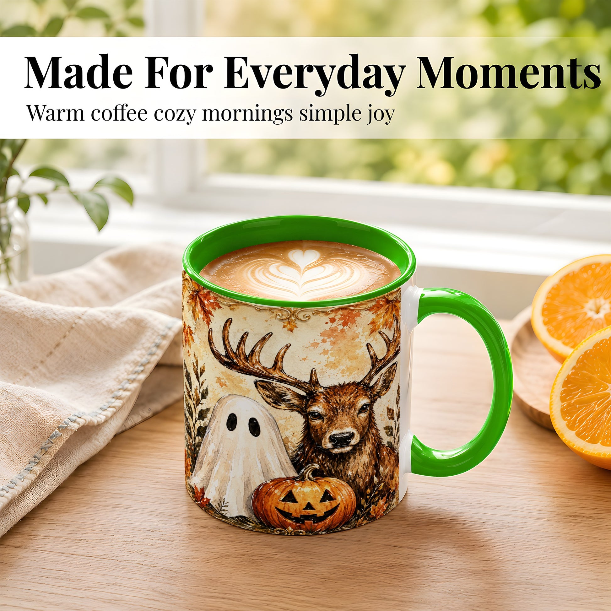 #pl[11oz|Green] Autumn Deer Coffee Mug, Ghost Pumpkin Mug, Ceramic Cup