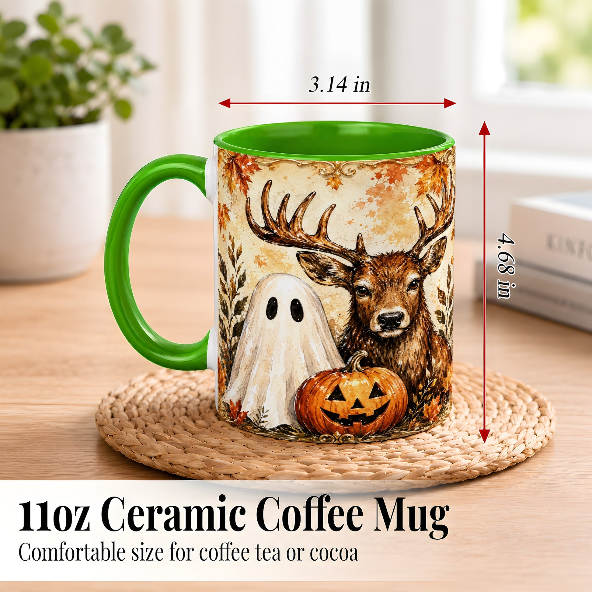 #pl[11oz|Green] Autumn Deer Coffee Mug, Ghost Pumpkin Mug, Ceramic Cup