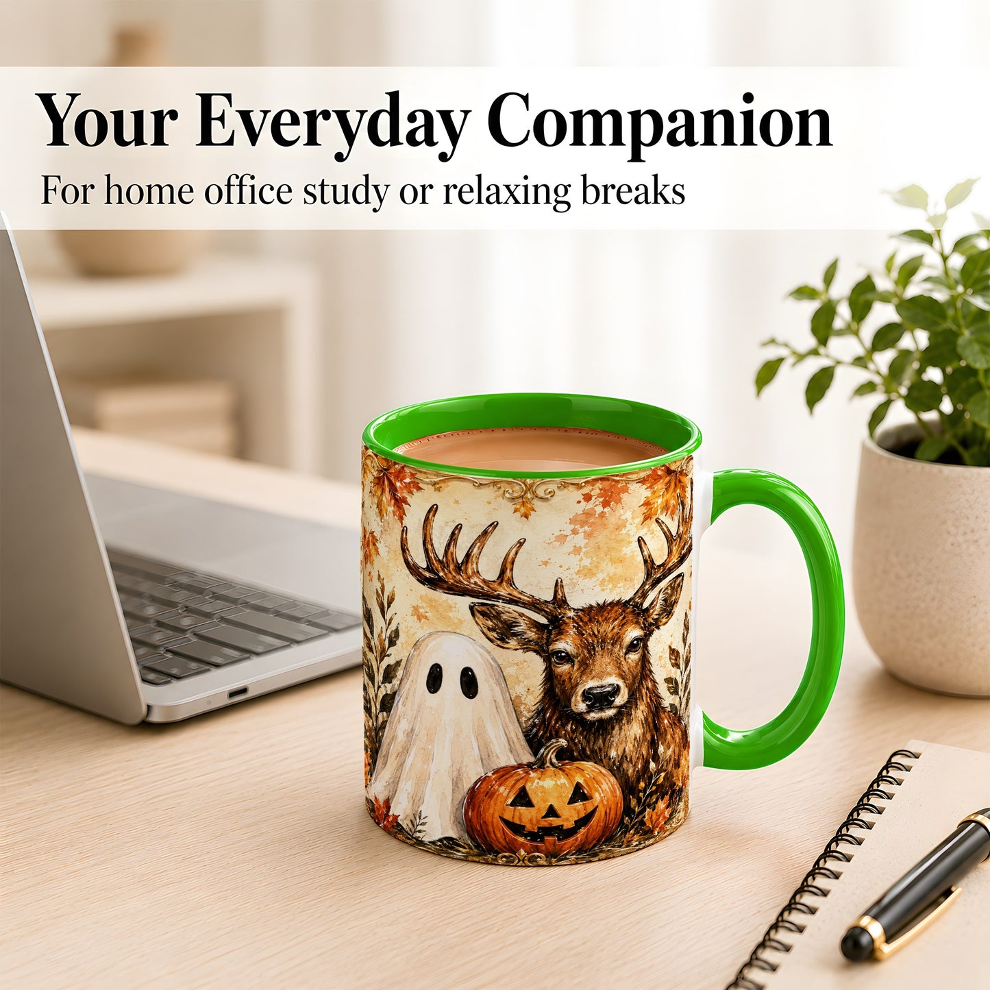 #pl[11oz|Green] Autumn Deer Coffee Mug, Ghost Pumpkin Mug, Ceramic Cup
