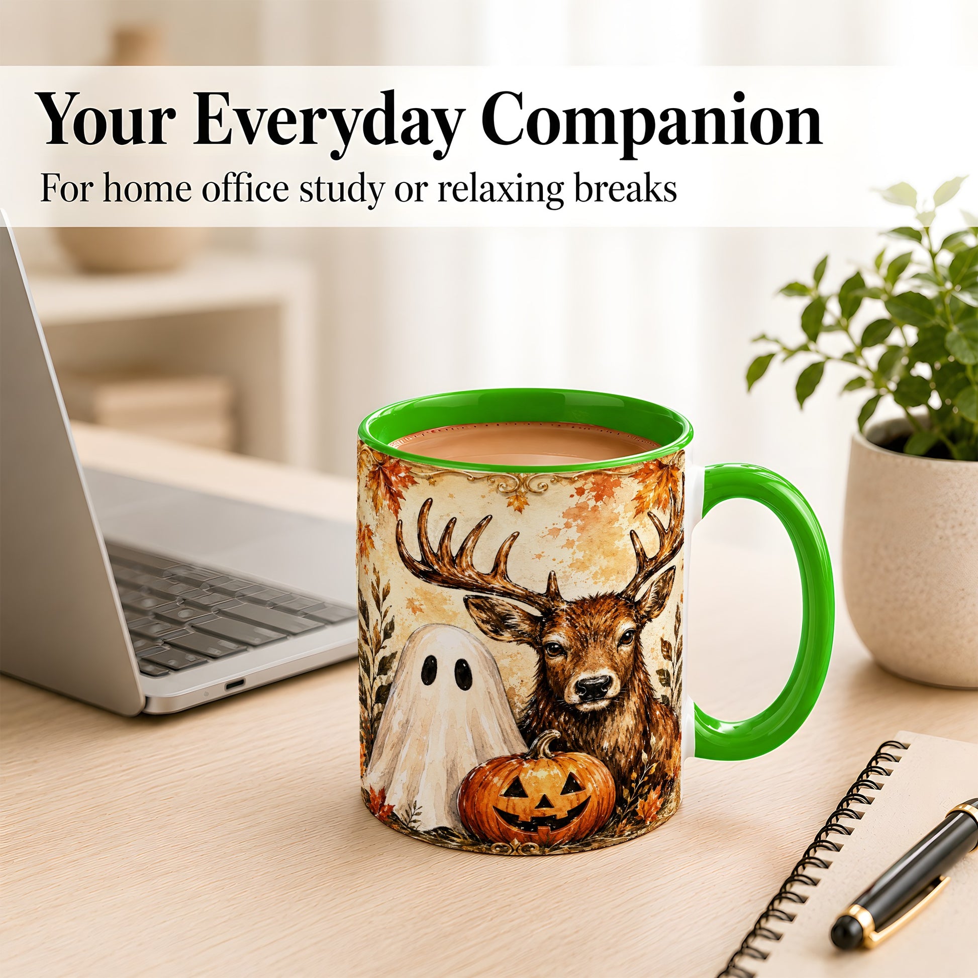 #pl[11oz|Green] Autumn Deer Coffee Mug, Ghost Pumpkin Mug, Ceramic Cup