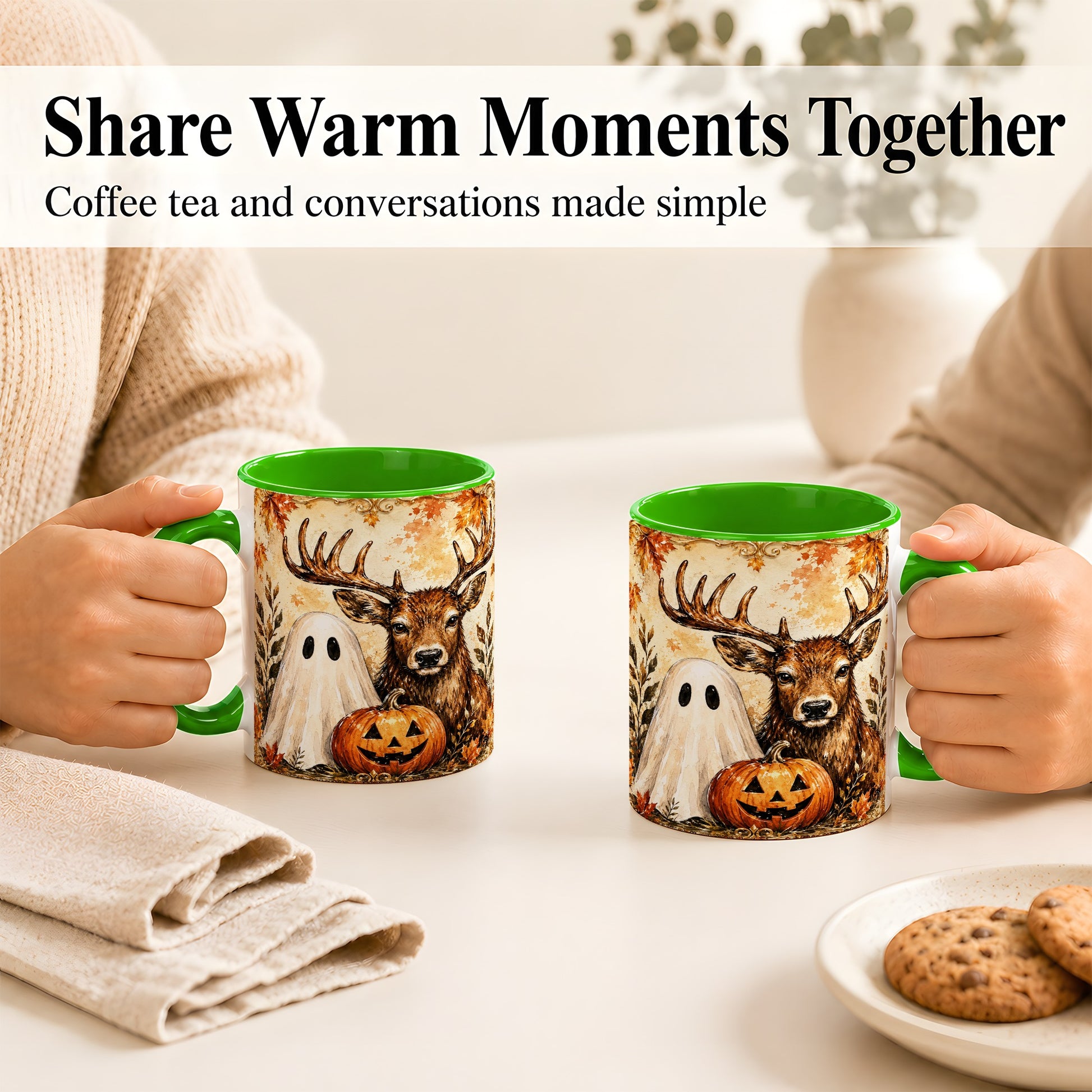 #pl[11oz|Green] Autumn Deer Coffee Mug, Ghost Pumpkin Mug, Ceramic Cup