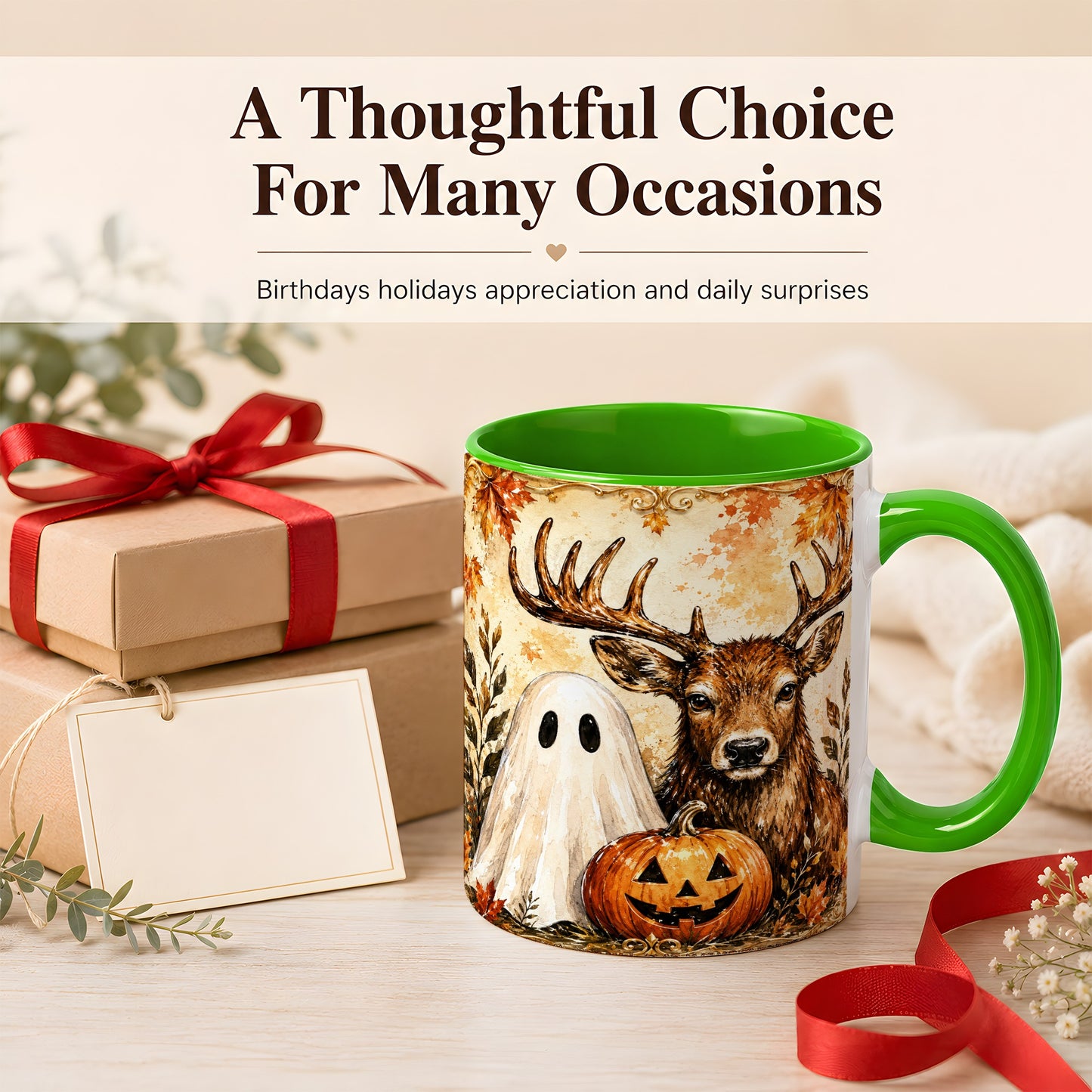 #pl[11oz|Green] Autumn Deer Coffee Mug, Ghost Pumpkin Mug, Ceramic Cup