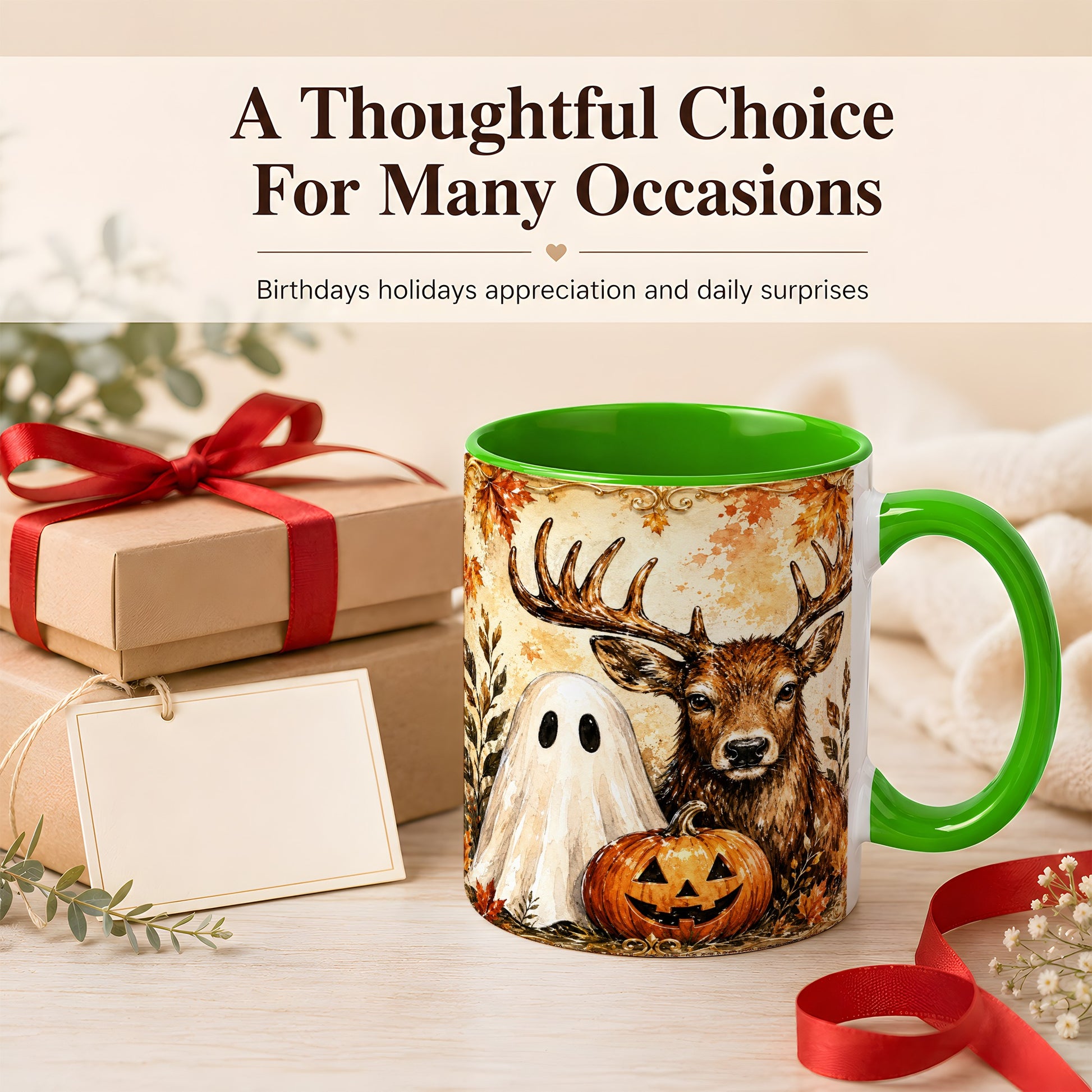 #pl[11oz|Green] Autumn Deer Coffee Mug, Ghost Pumpkin Mug, Ceramic Cup
