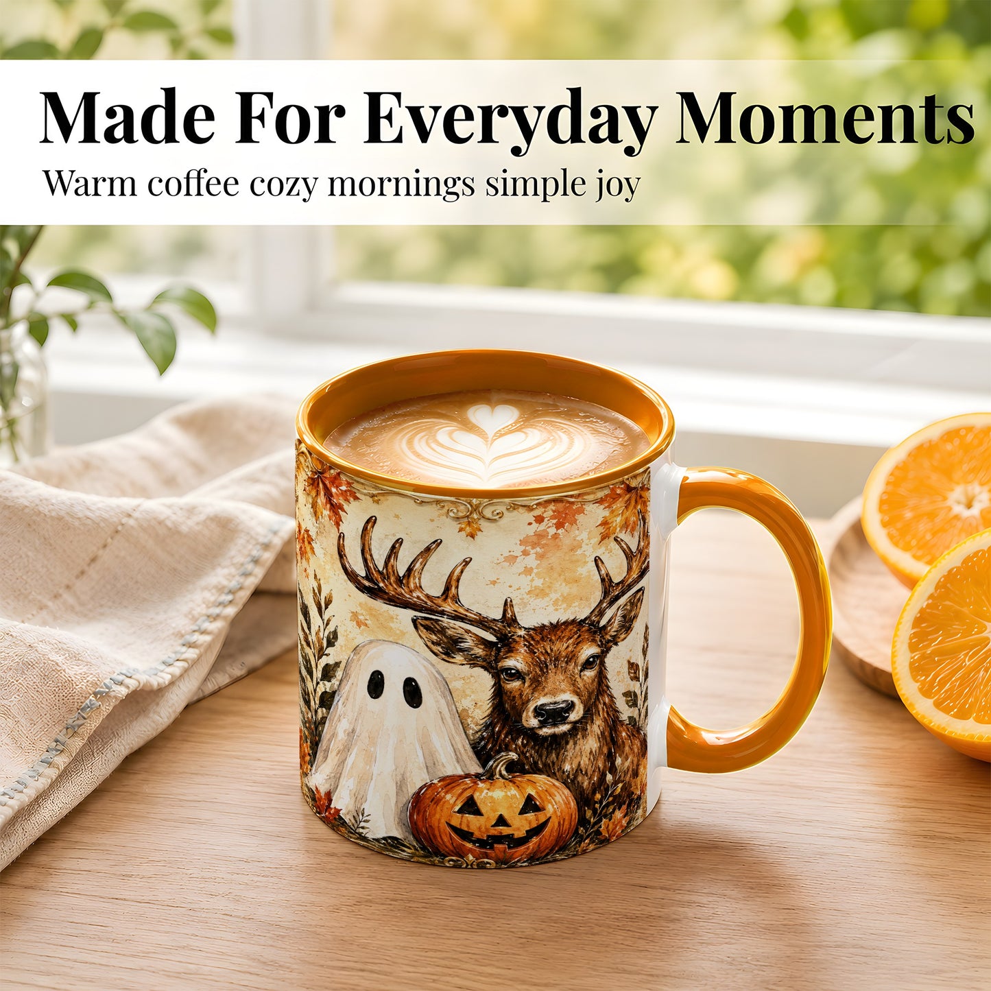 #pl[11oz|Orange] Autumn Deer Coffee Mug, Ghost Pumpkin Mug, Ceramic Cup