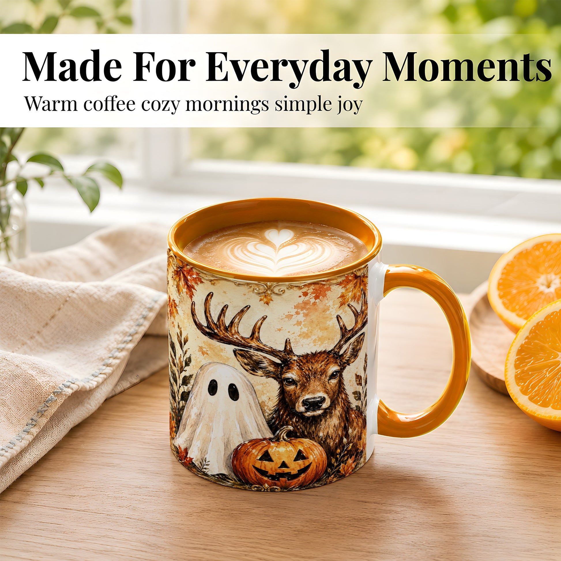 #pl[11oz|Orange] Autumn Deer Coffee Mug, Ghost Pumpkin Mug, Ceramic Cup