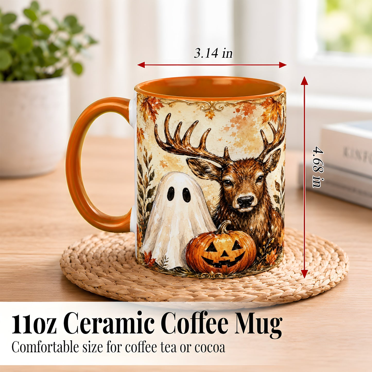 #pl[11oz|Orange] Autumn Deer Coffee Mug, Ghost Pumpkin Mug, Ceramic Cup