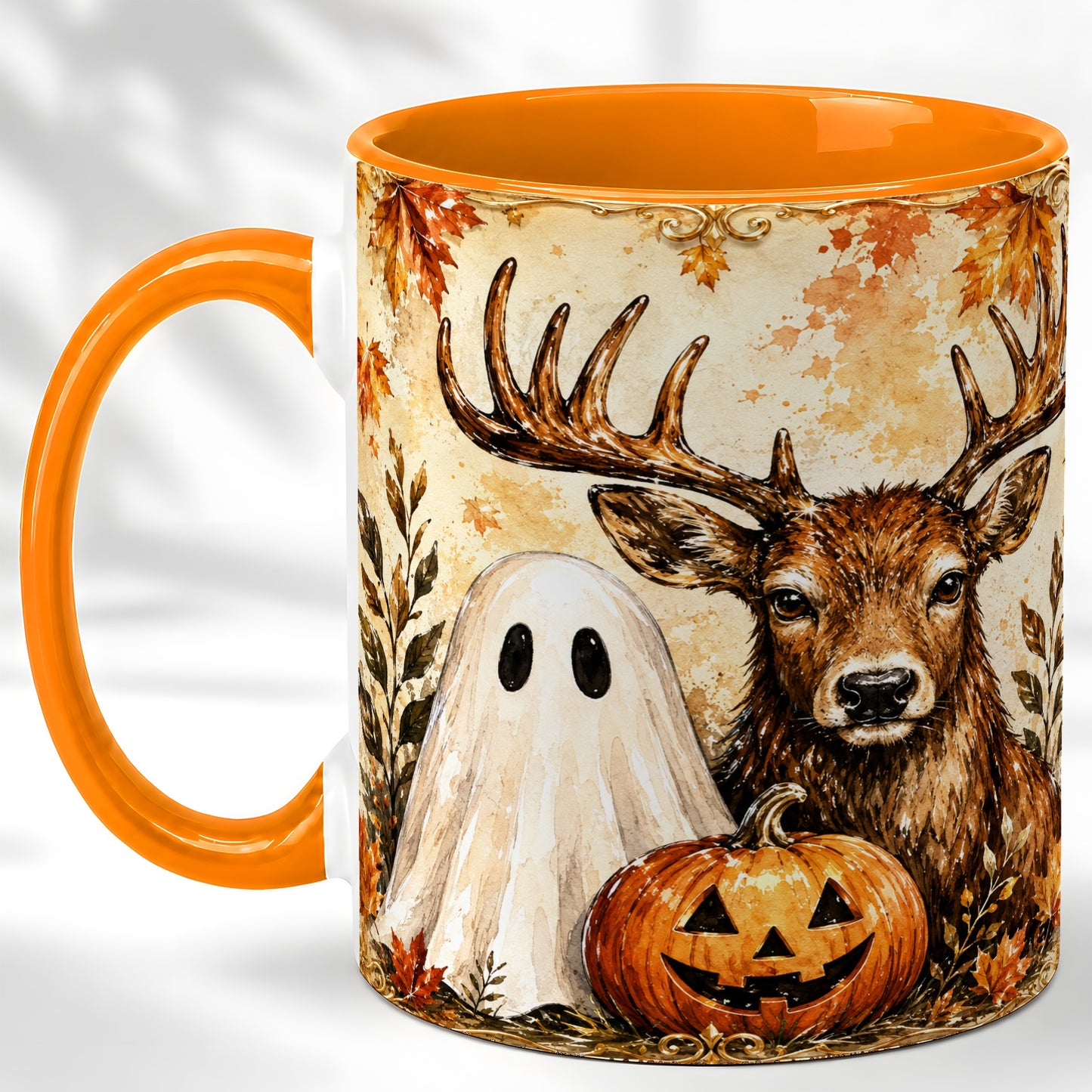 #pl[11oz|Orange] Autumn Deer Coffee Mug, Ghost Pumpkin Mug, Ceramic Cup