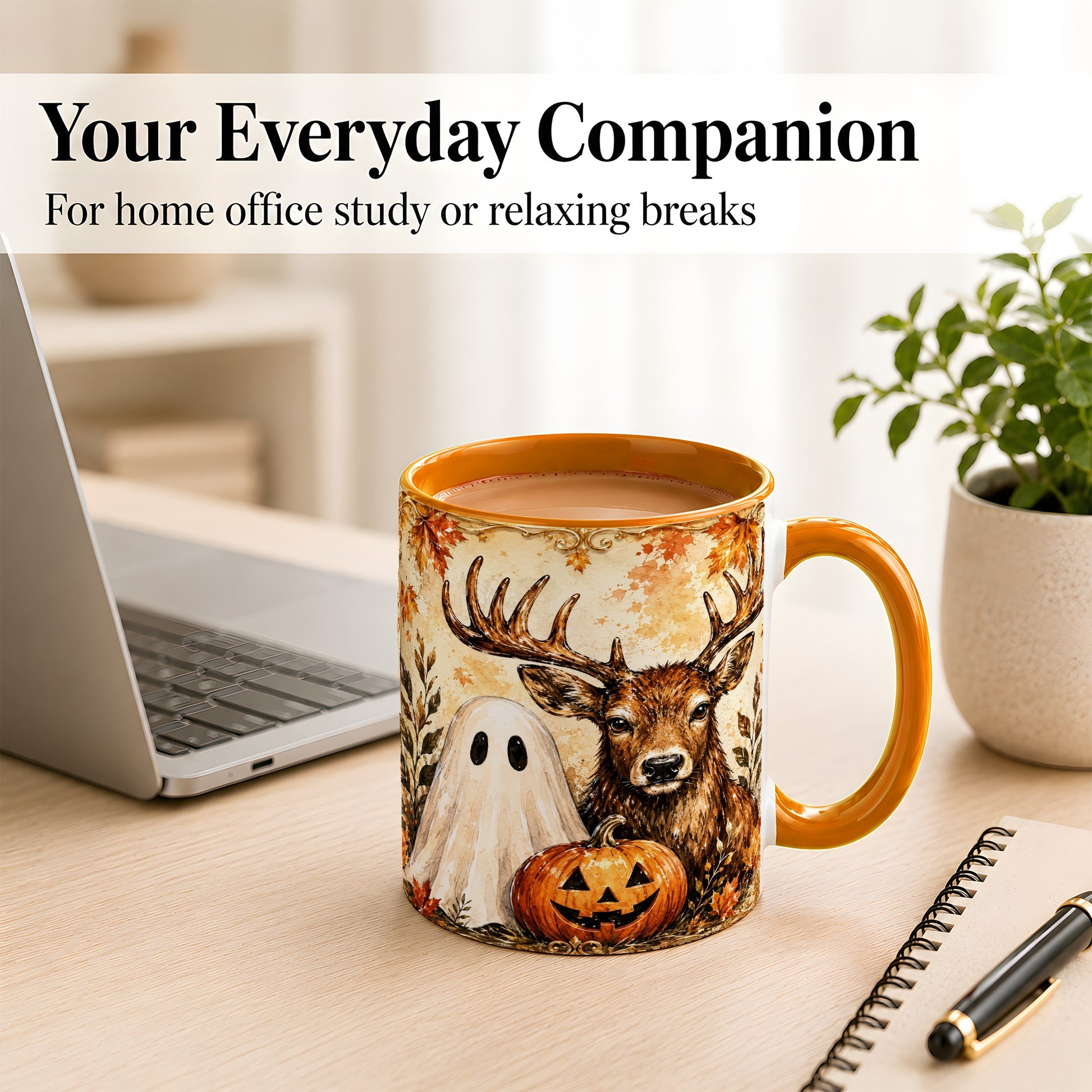 #pl[11oz|Orange] Autumn Deer Coffee Mug, Ghost Pumpkin Mug, Ceramic Cup
