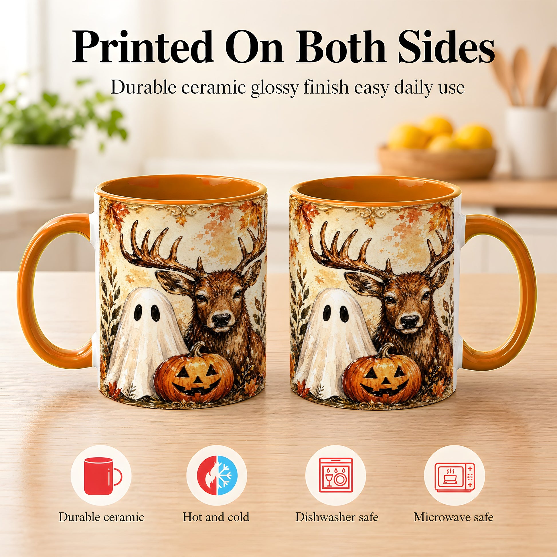 #pl[11oz|Orange] Autumn Deer Coffee Mug, Ghost Pumpkin Mug, Ceramic Cup