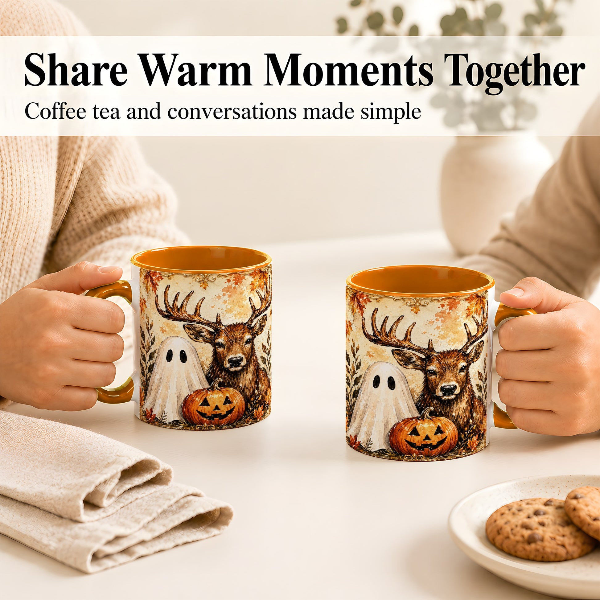 #pl[11oz|Orange] Autumn Deer Coffee Mug, Ghost Pumpkin Mug, Ceramic Cup