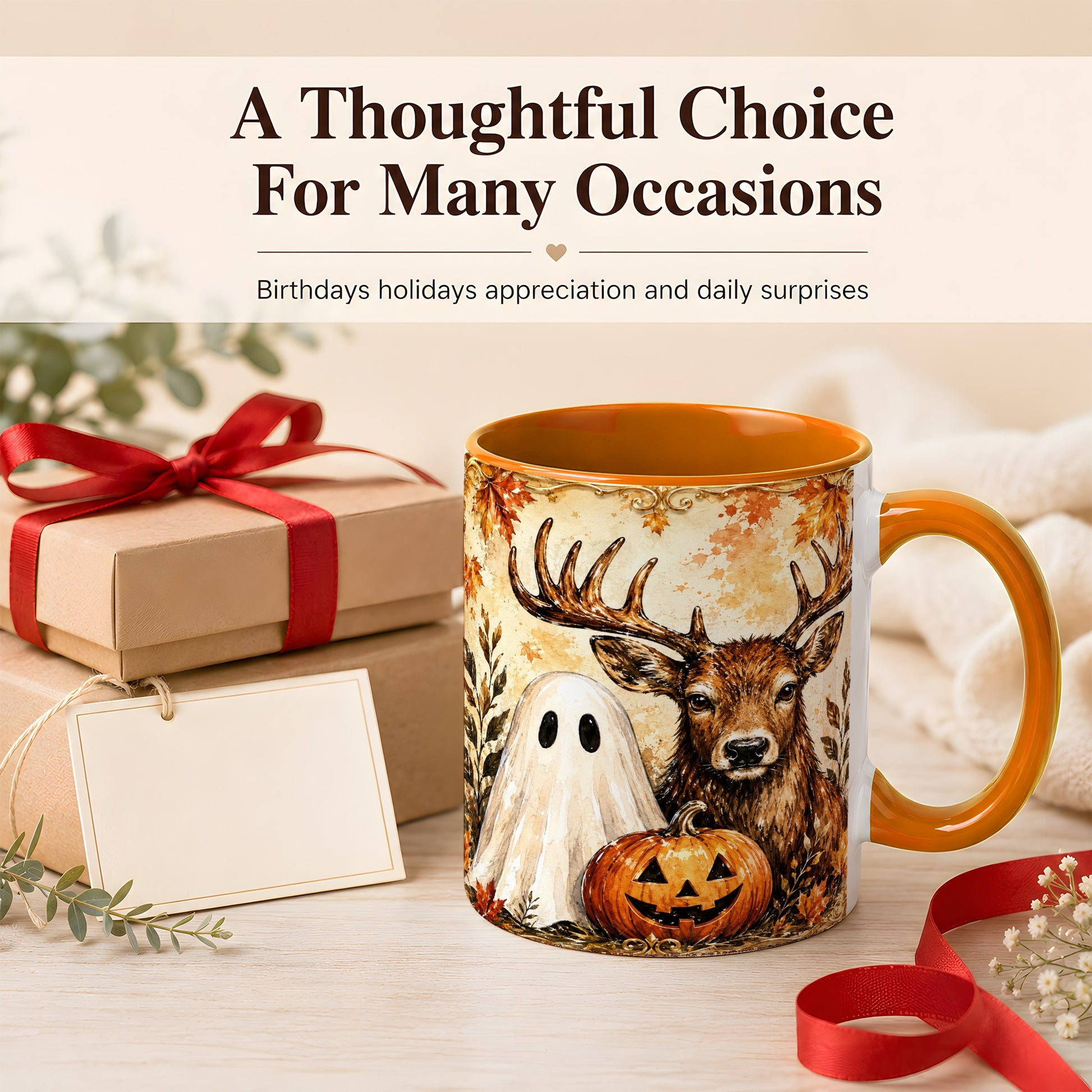 #pl[11oz|Orange] Autumn Deer Coffee Mug, Ghost Pumpkin Mug, Ceramic Cup