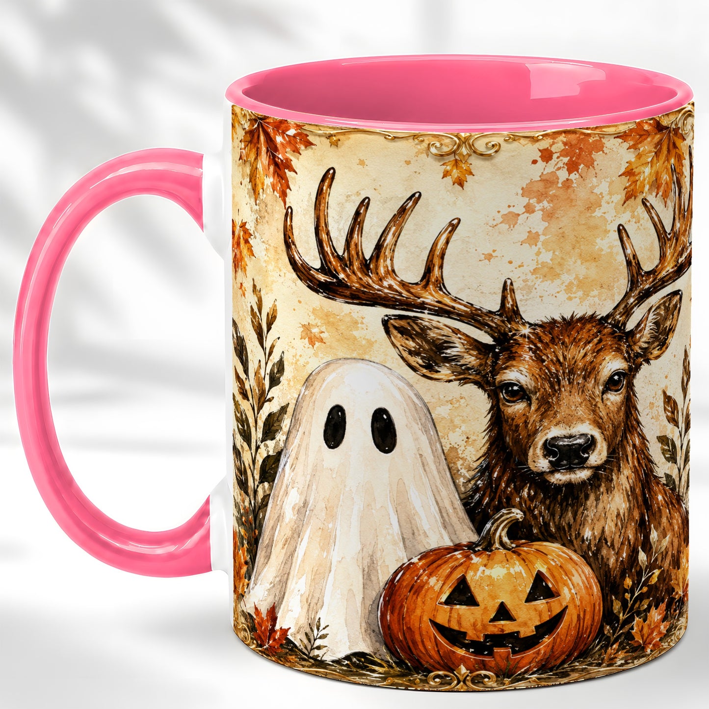 #pl[11oz|Pink] Autumn Deer Coffee Mug, Ghost Pumpkin Mug, Ceramic Cup