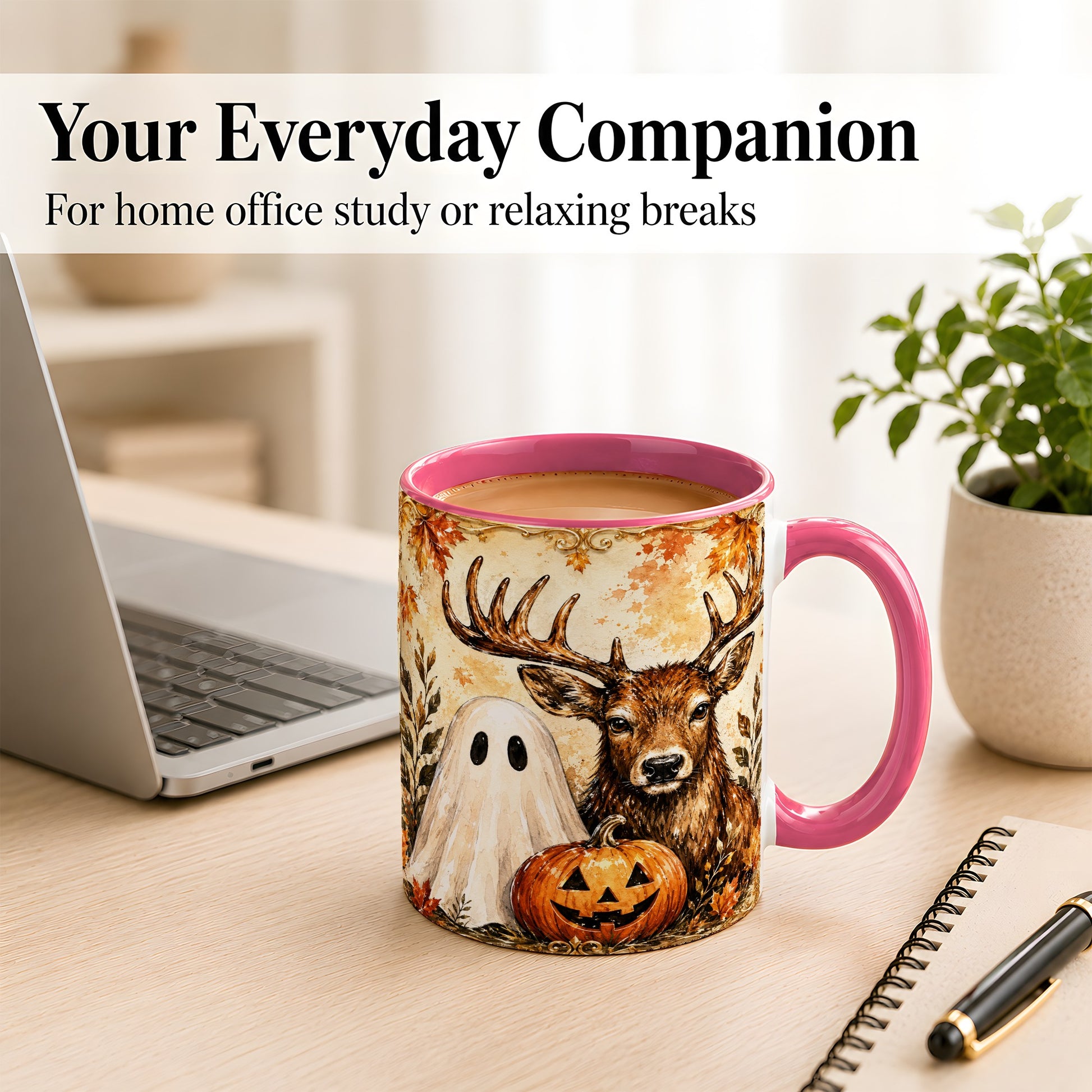 #pl[11oz|Pink] Autumn Deer Coffee Mug, Ghost Pumpkin Mug, Ceramic Cup