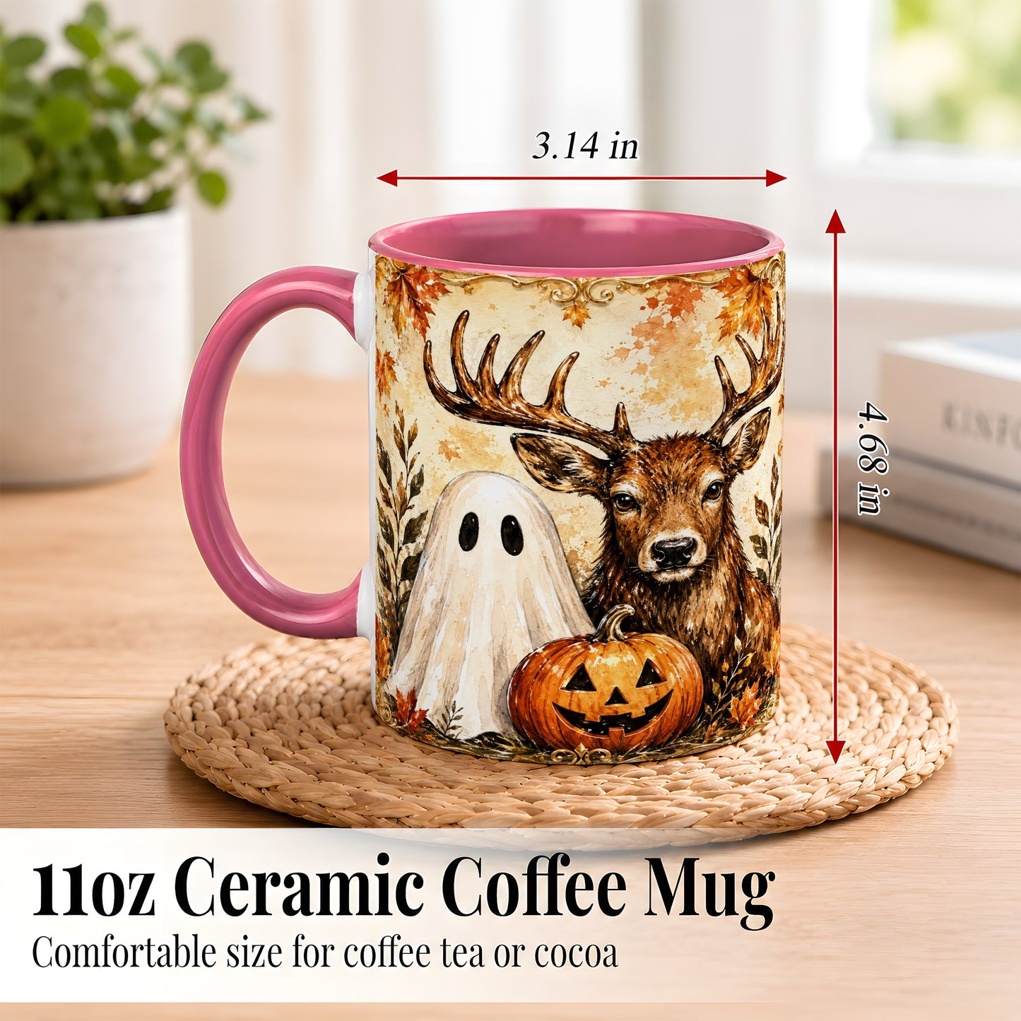#pl[11oz|Pink] Autumn Deer Coffee Mug, Ghost Pumpkin Mug, Ceramic Cup
