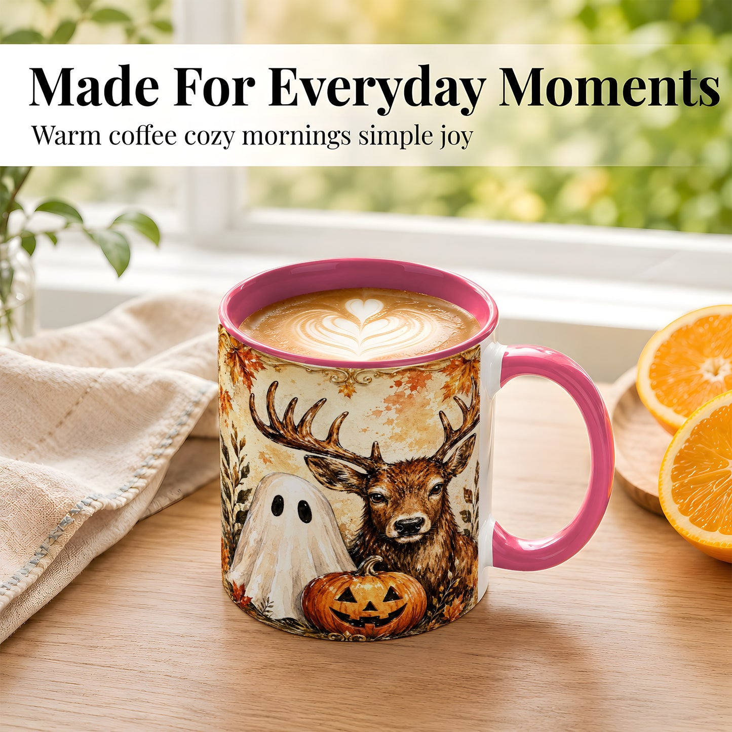 #pl[11oz|Pink] Autumn Deer Coffee Mug, Ghost Pumpkin Mug, Ceramic Cup