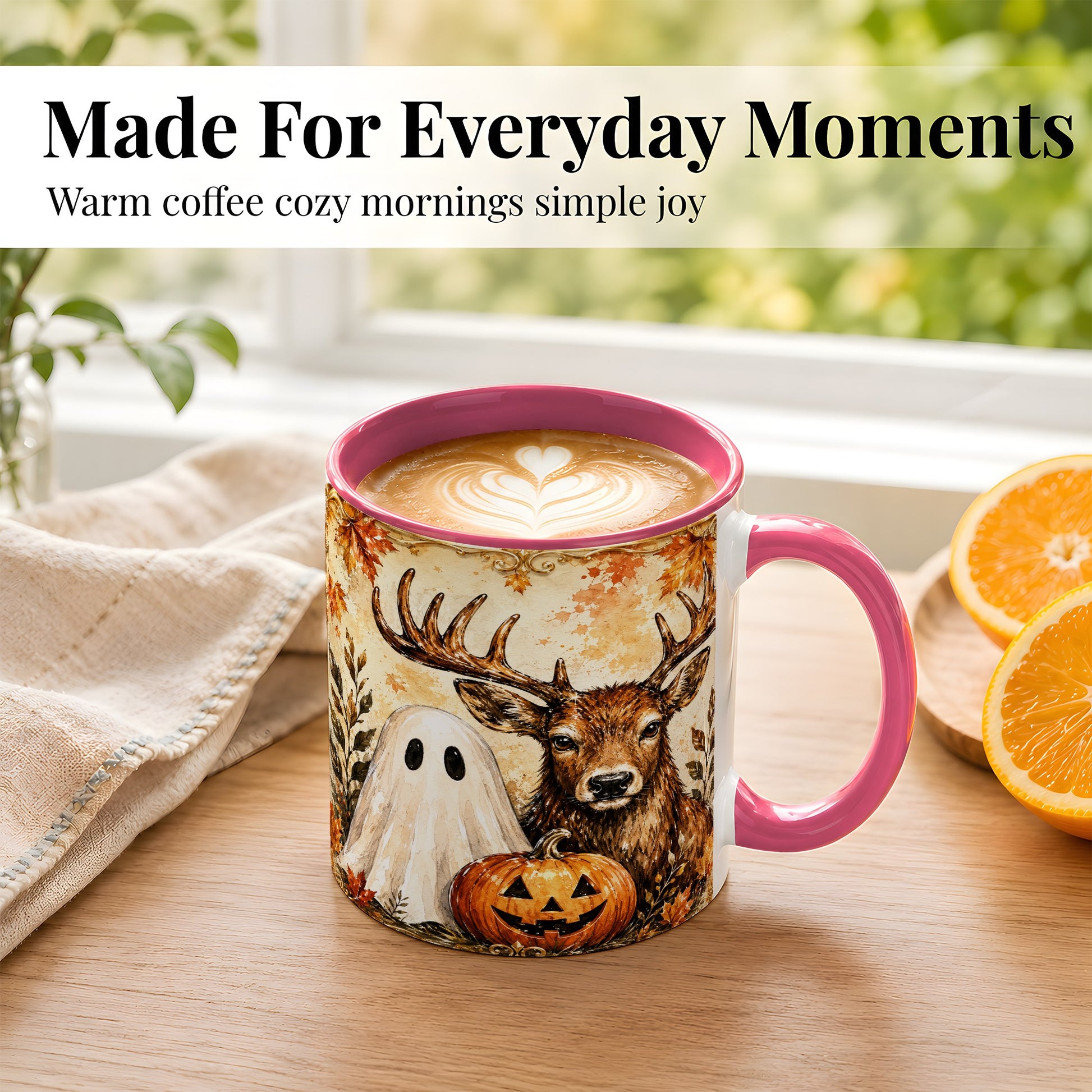#pl[11oz|Pink] Autumn Deer Coffee Mug, Ghost Pumpkin Mug, Ceramic Cup