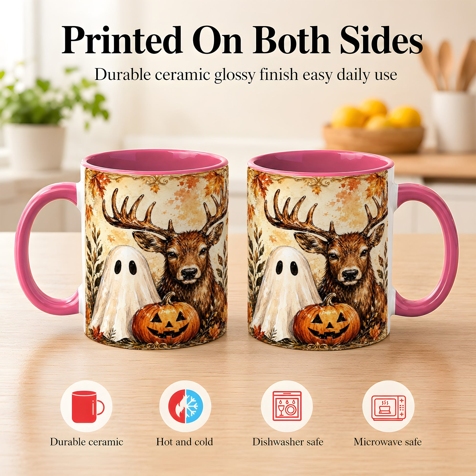 #pl[11oz|Pink] Autumn Deer Coffee Mug, Ghost Pumpkin Mug, Ceramic Cup
