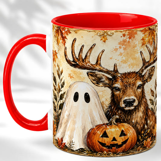 #pl[11oz|Red] Autumn Deer Coffee Mug, Ghost Pumpkin Mug, Ceramic Cup