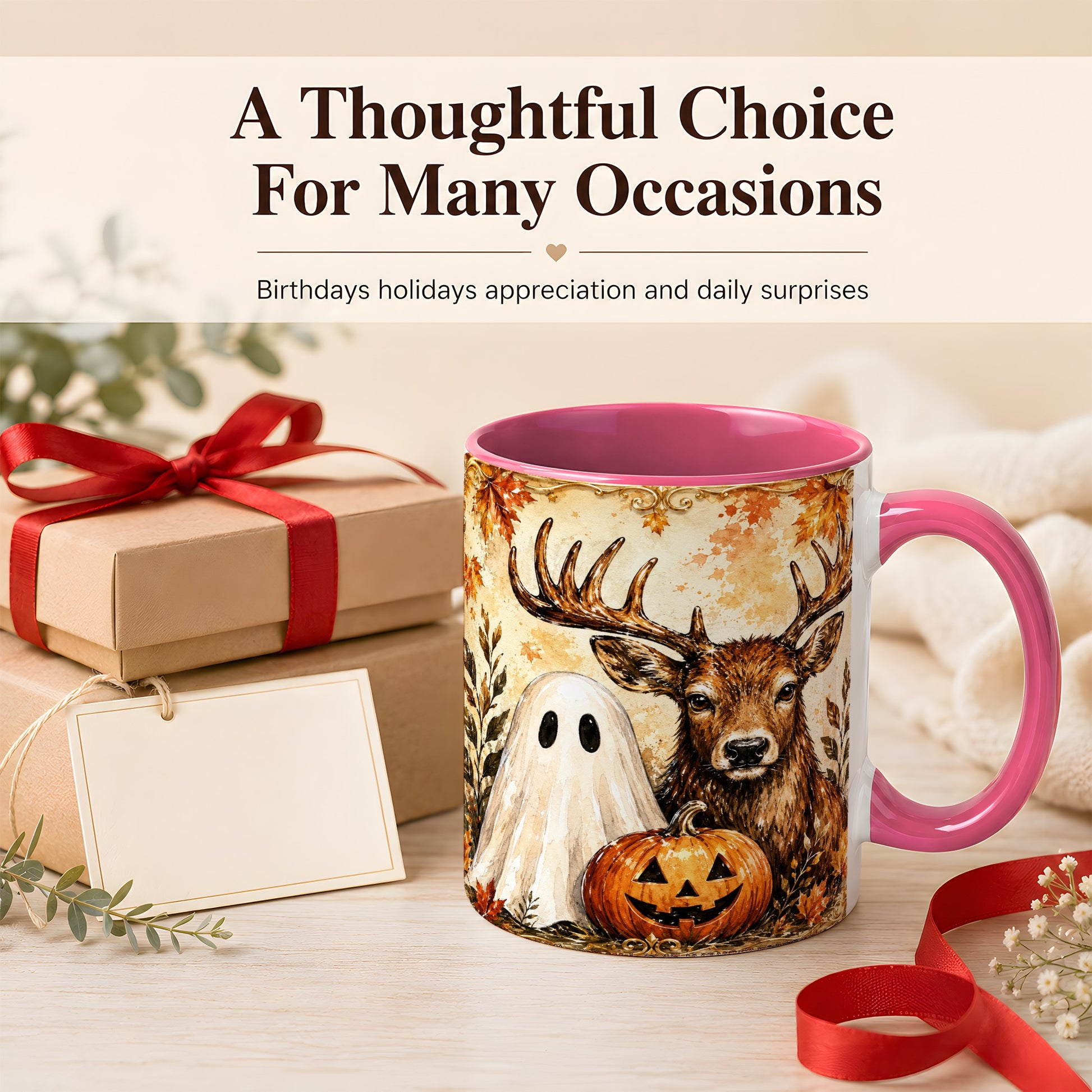 #pl[11oz|Pink] Autumn Deer Coffee Mug, Ghost Pumpkin Mug, Ceramic Cup