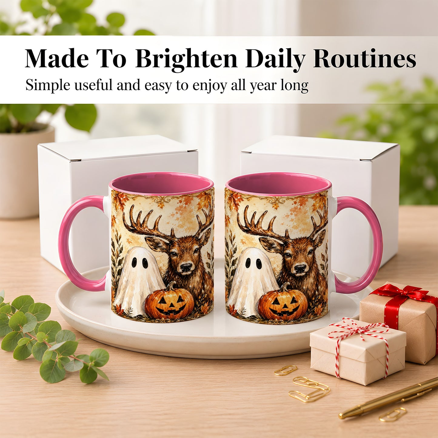 #pl[11oz|Pink] Autumn Deer Coffee Mug, Ghost Pumpkin Mug, Ceramic Cup