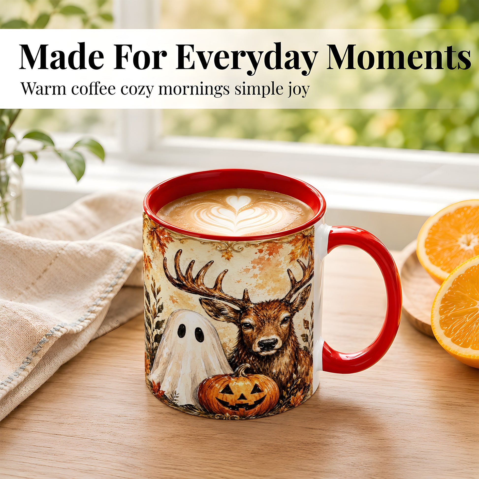 #pl[11oz|Red] Autumn Deer Coffee Mug, Ghost Pumpkin Mug, Ceramic Cup