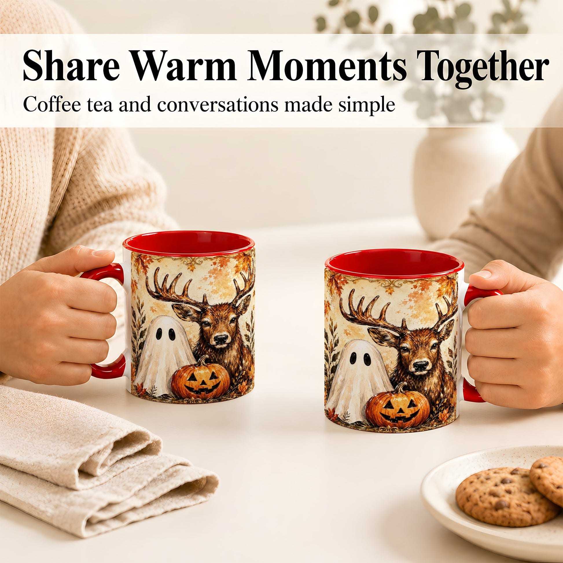 #pl[11oz|Red] Autumn Deer Coffee Mug, Ghost Pumpkin Mug, Ceramic Cup