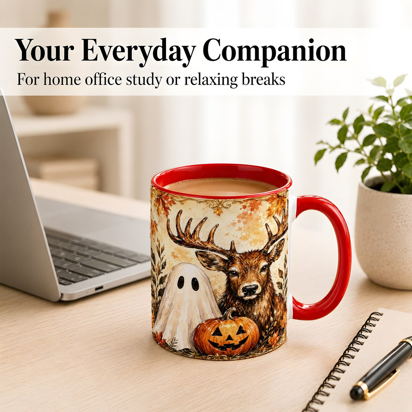 #pl[11oz|Red] Autumn Deer Coffee Mug, Ghost Pumpkin Mug, Ceramic Cup