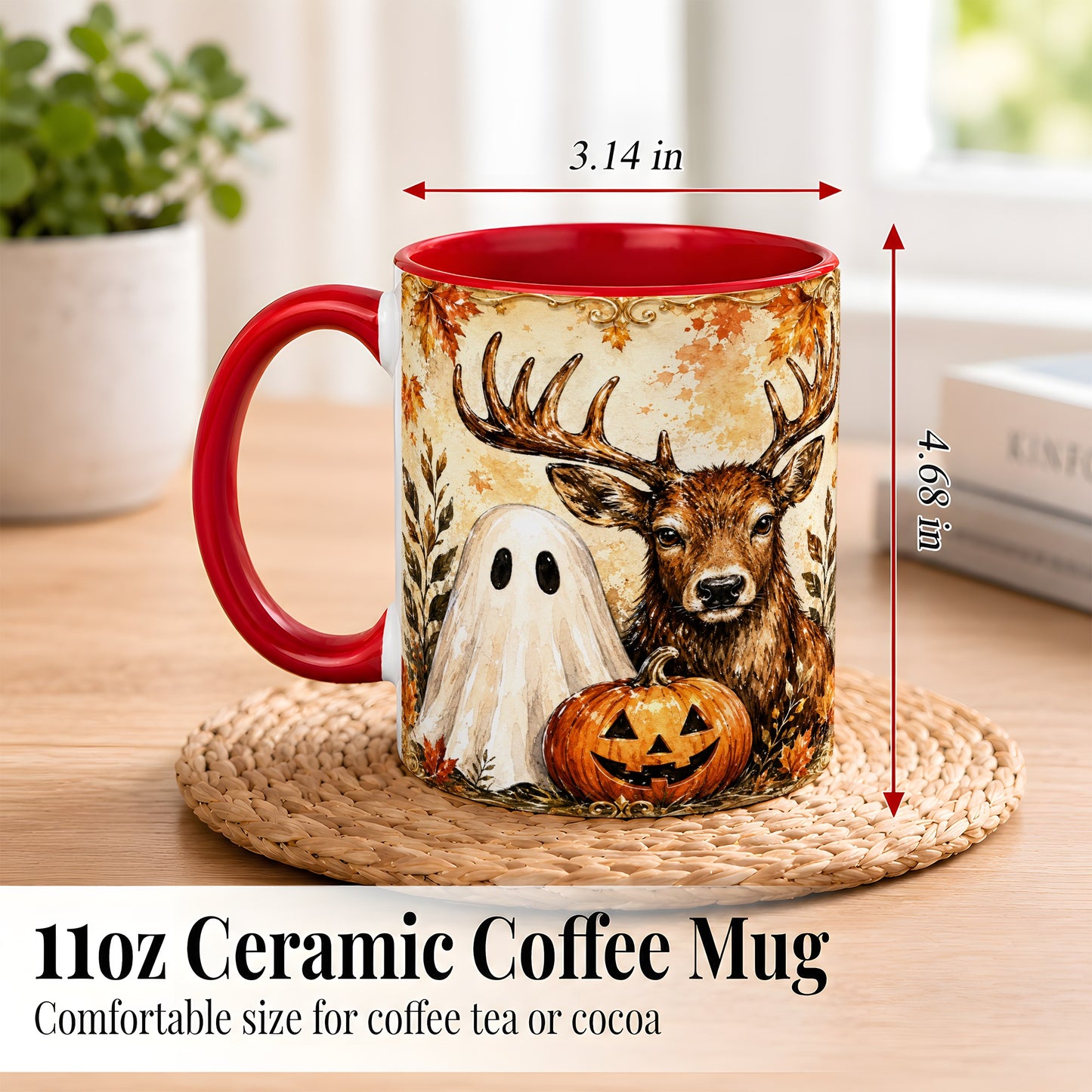 #pl[11oz|Red] Autumn Deer Coffee Mug, Ghost Pumpkin Mug, Ceramic Cup