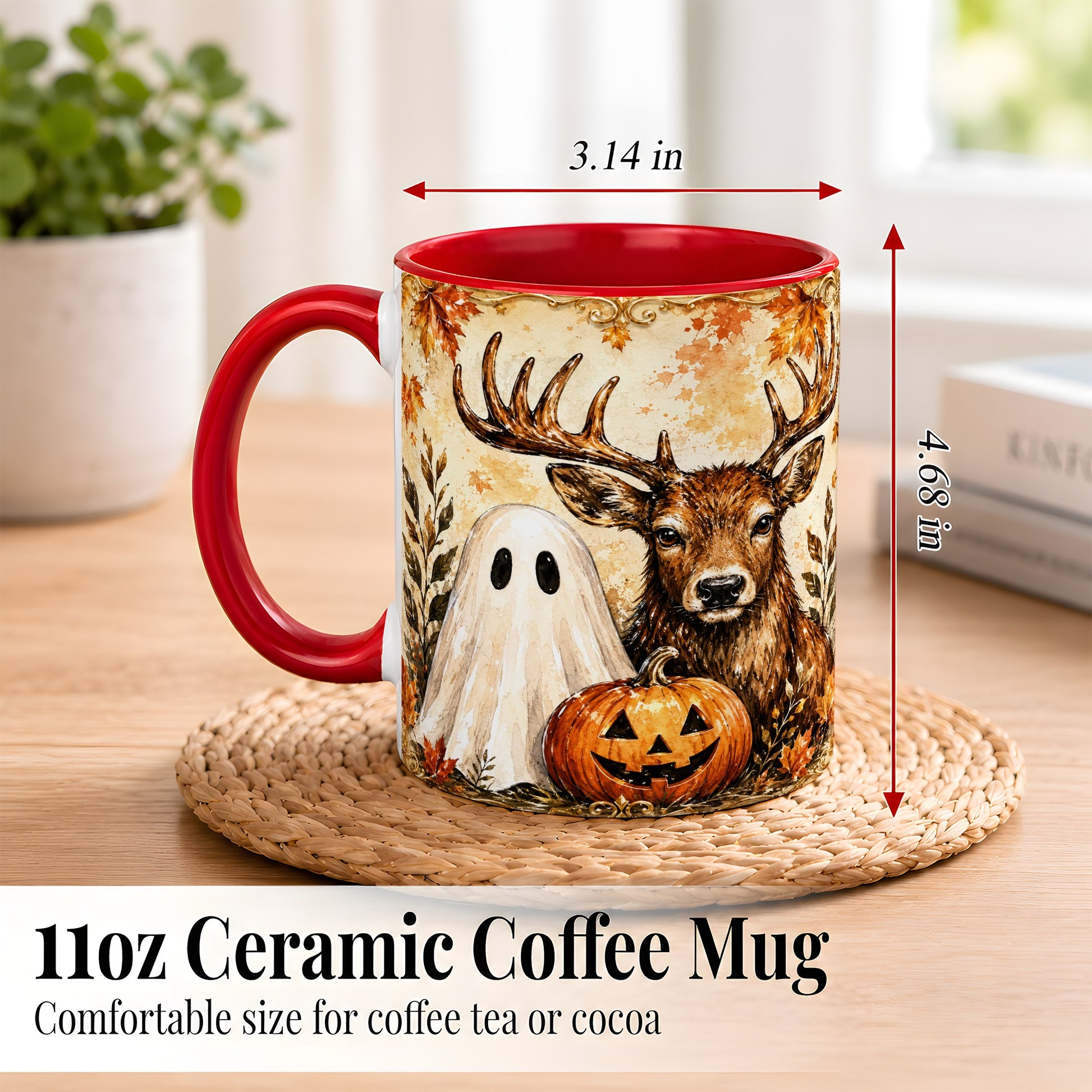 #pl[11oz|Red] Autumn Deer Coffee Mug, Ghost Pumpkin Mug, Ceramic Cup