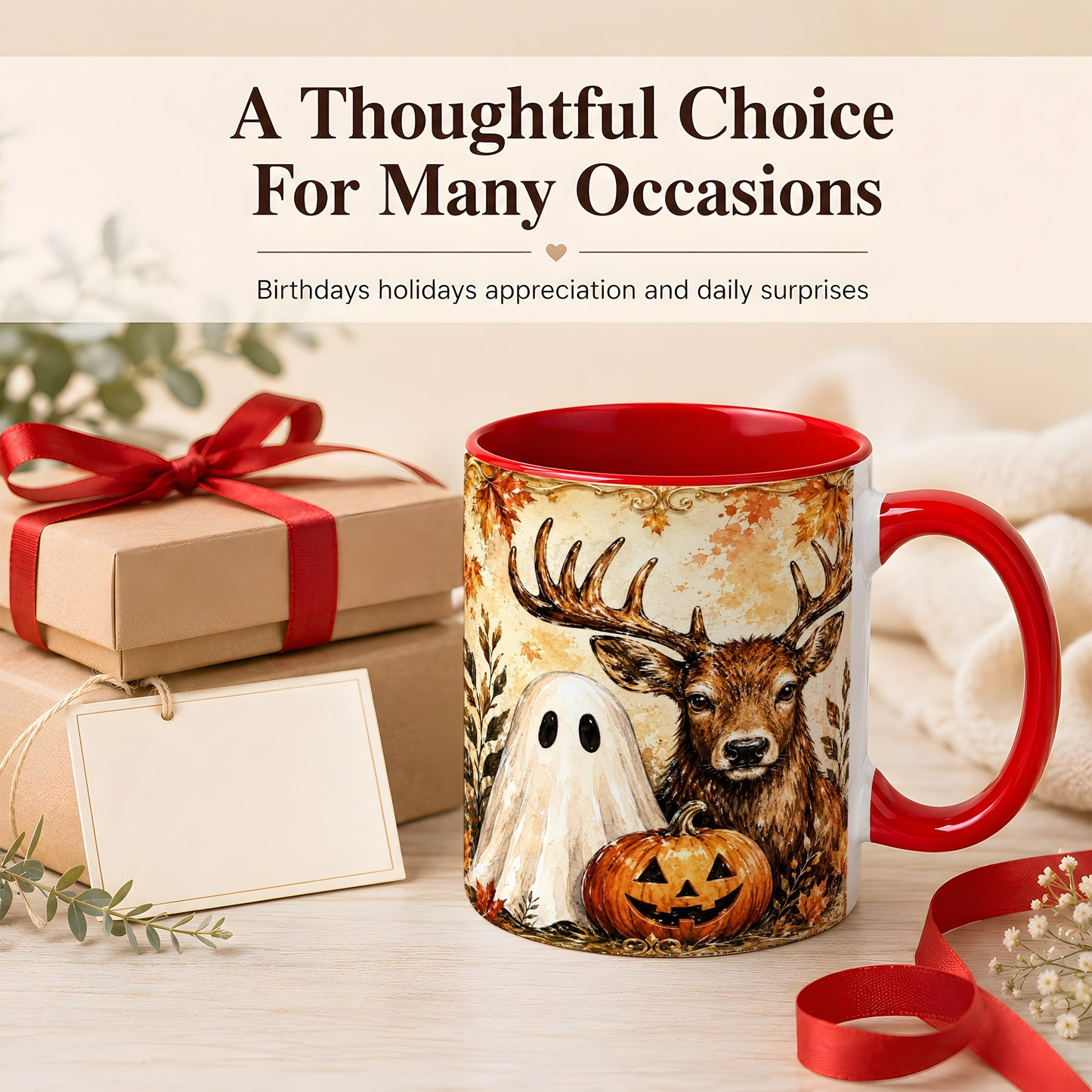 #pl[11oz|Red] Autumn Deer Coffee Mug, Ghost Pumpkin Mug, Ceramic Cup