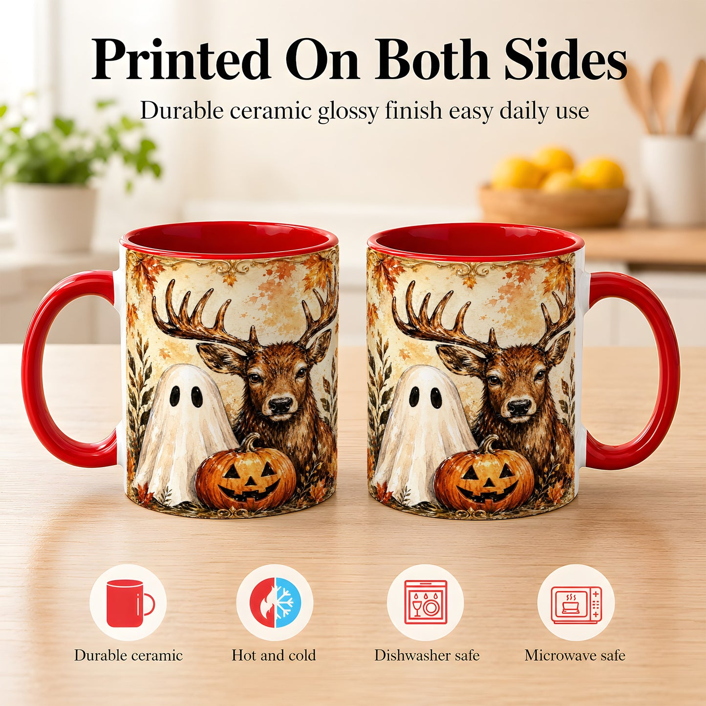 #pl[11oz|Red] Autumn Deer Coffee Mug, Ghost Pumpkin Mug, Ceramic Cup