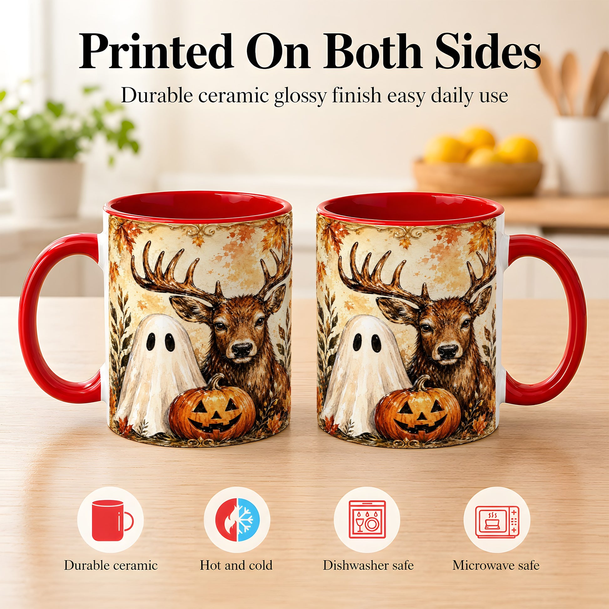 #pl[11oz|Red] Autumn Deer Coffee Mug, Ghost Pumpkin Mug, Ceramic Cup