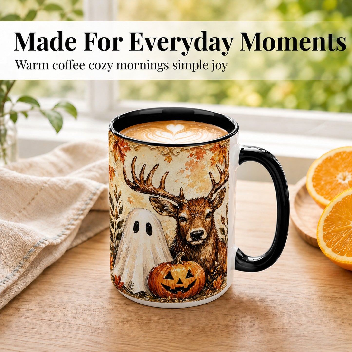 #pl[15oz|Black] Autumn Deer Coffee Mug, Ghost Pumpkin Mug, Ceramic Cup